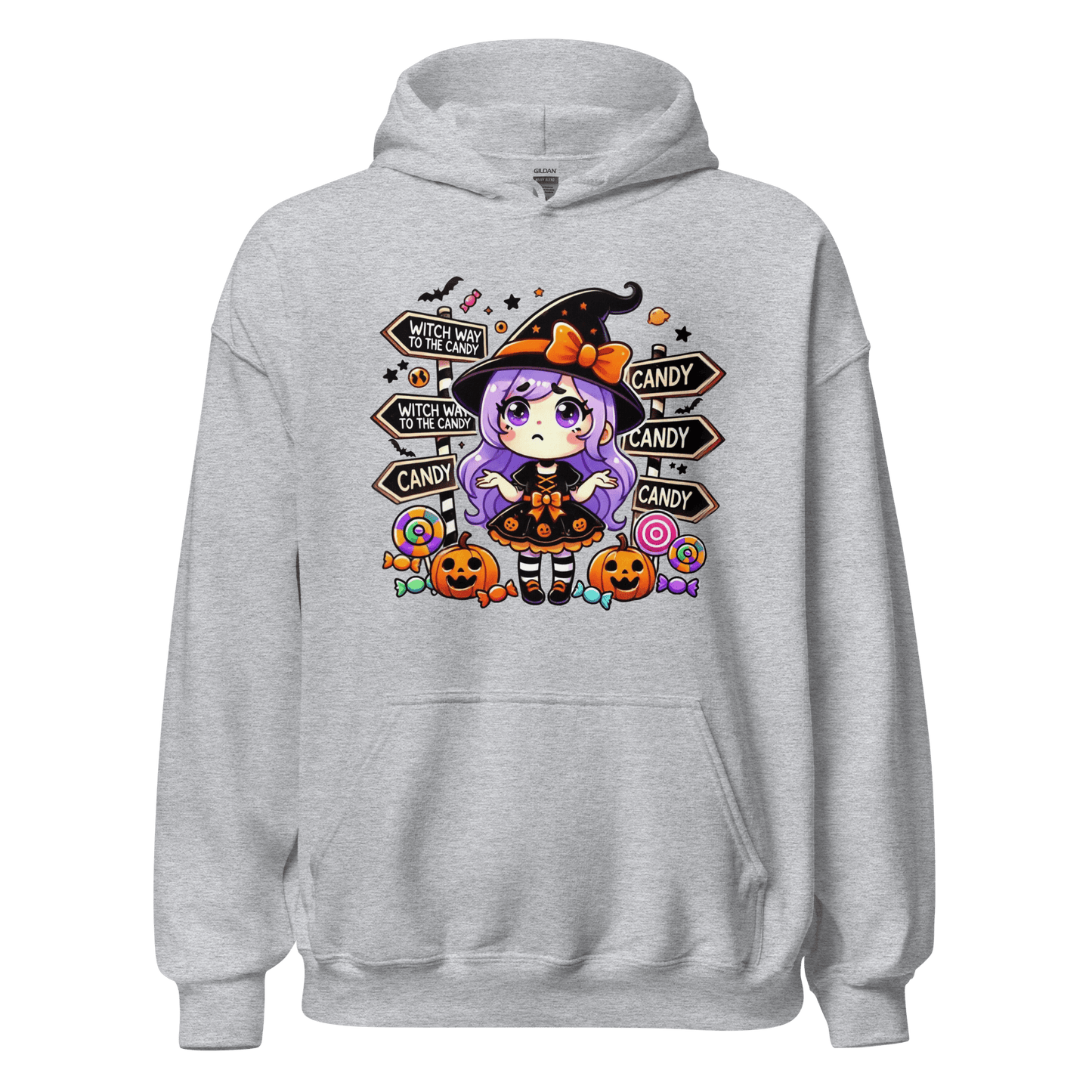 Unisex Halloween Printed Hoodie – "Witch Way To The Candy?" – Fun Witch Halloween Hoodie - Occasion Nation Studio