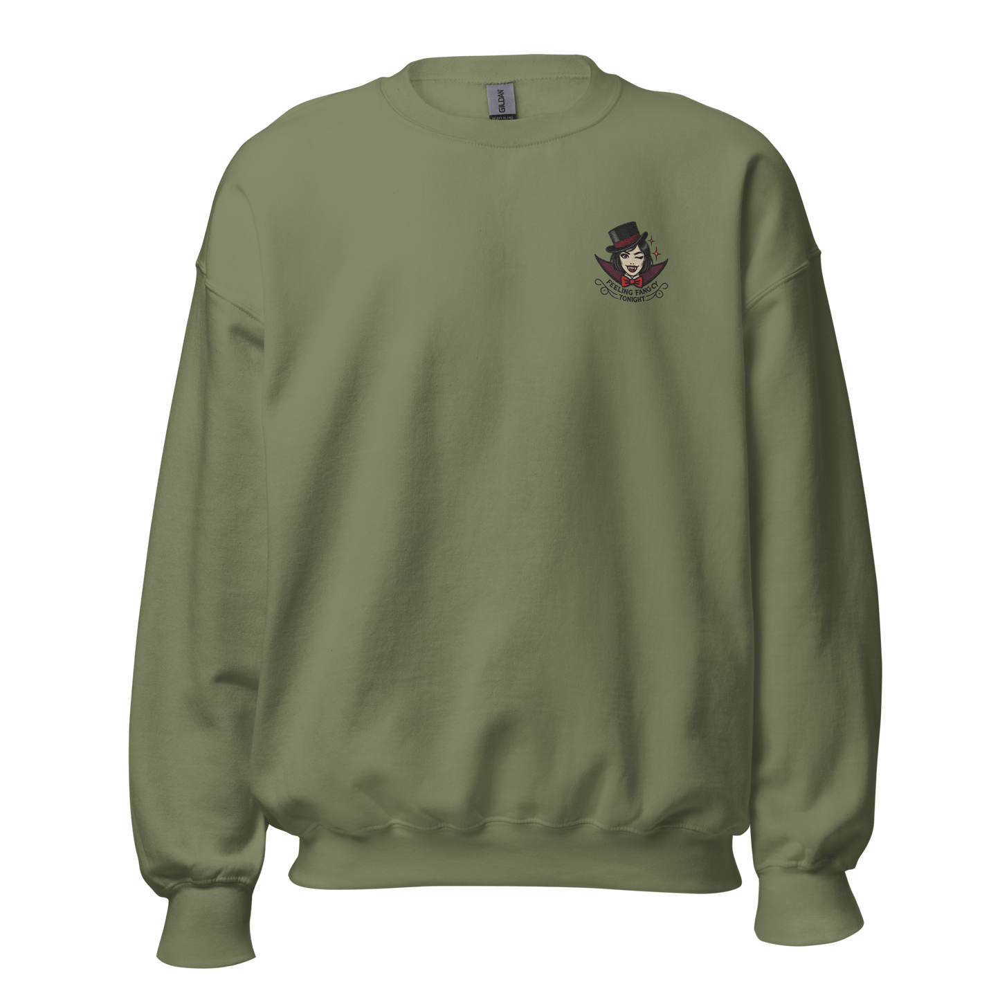 Unisex Halloween Embroidered Sweatshirt – "Feeling Fang-cy Tonight!" – Vampire Fangs Halloween Sweatshirt - Occasion Nation Studio