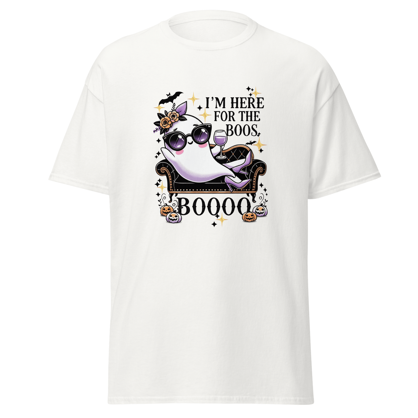 Unisex Halloween Printed T-Shirt – "I'm Here For The Boos" – Fun Ghost Halloween T-Shirt - Occasion Nation Studio