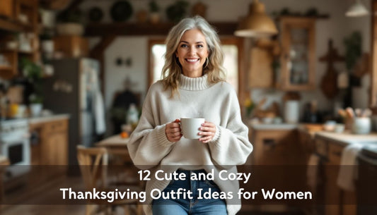 Smiling woman in a cozy, neutral sweater holding a mug, standing in a warm, rustic kitchen. Text overlay: "12 Cute and Cozy Thanksgiving Outfit Ideas for Women."