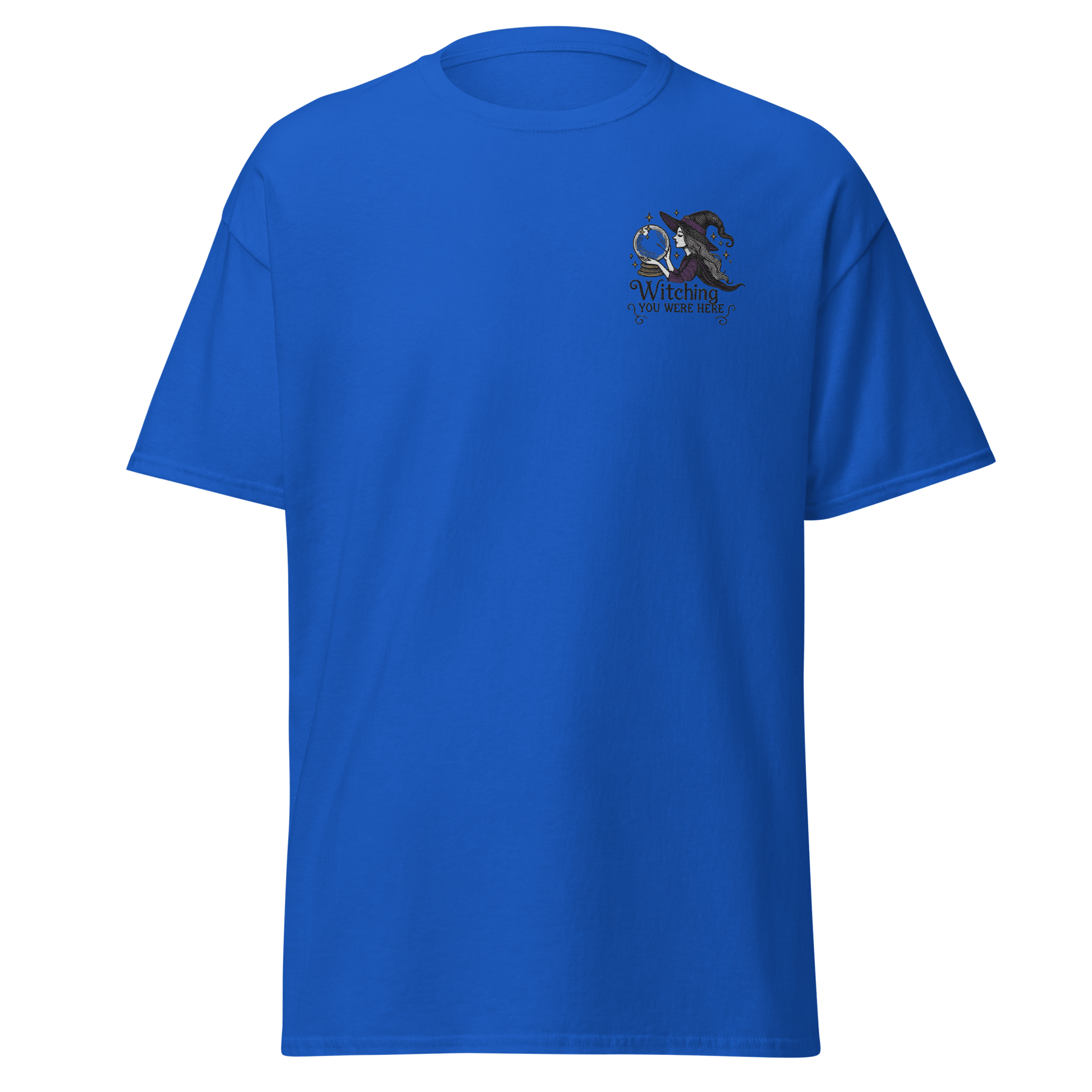 Unisex Halloween Embroidered T-Shirt – "Witching You Were Here" – Witch Halloween T-Shirt - Occasion Nation Studio