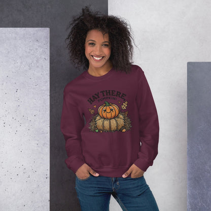 Unisex Fall Printed Sweatshirt – "Hay There, Pumpkin!" – Cozy Fall Sweatshirt for Autumn Lovers