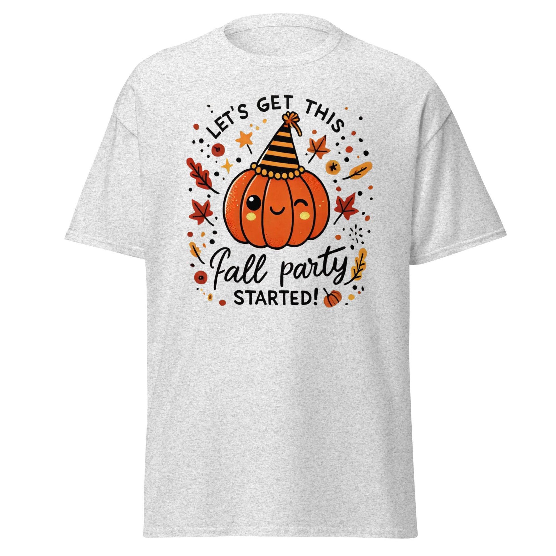 Unisex Fall Printed T-shirt – "Let’s Get This Fall Party Started" – Fun Fall Graphic Tee for Autumn Lovers - Occasion Nation Studio