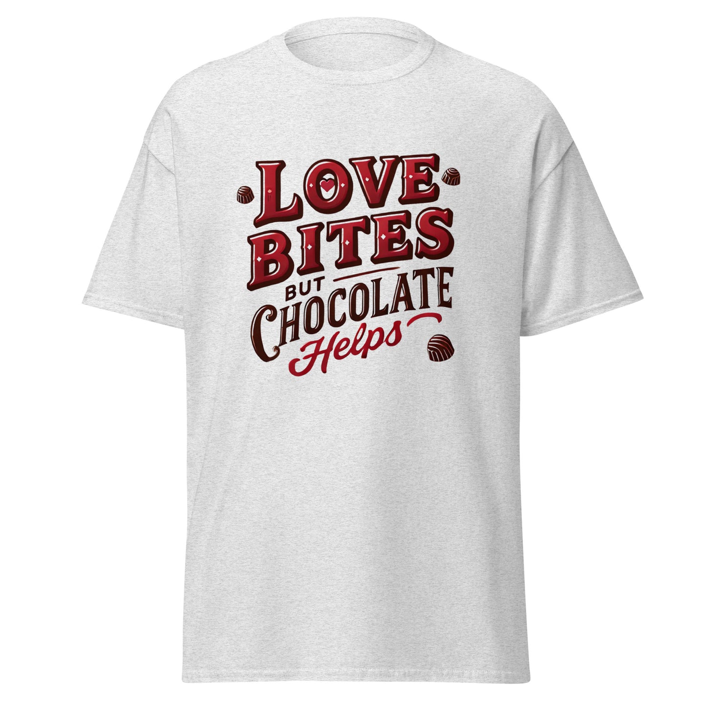 Love Bites But Chocolate Helps - Valentine’s Day T-Shirt – Lightweight and Festive - Occasion Nation Studio