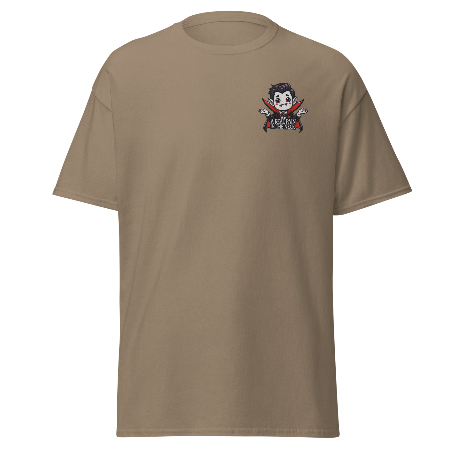 Unisex Halloween Embroidered T-Shirt – "A Real Pain In The Neck" – Vampire Halloween T-Shirt - Occasion Nation Studio