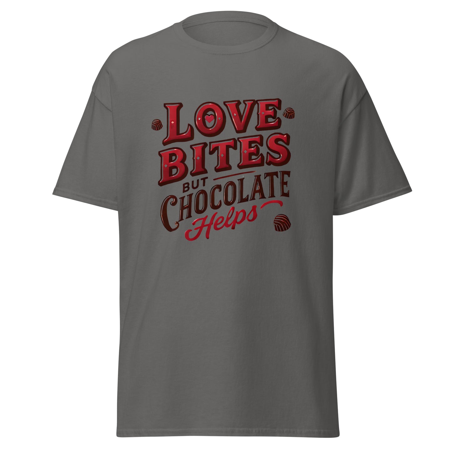 Love Bites But Chocolate Helps - Valentine’s Day T-Shirt – Lightweight and Festive - Occasion Nation Studio