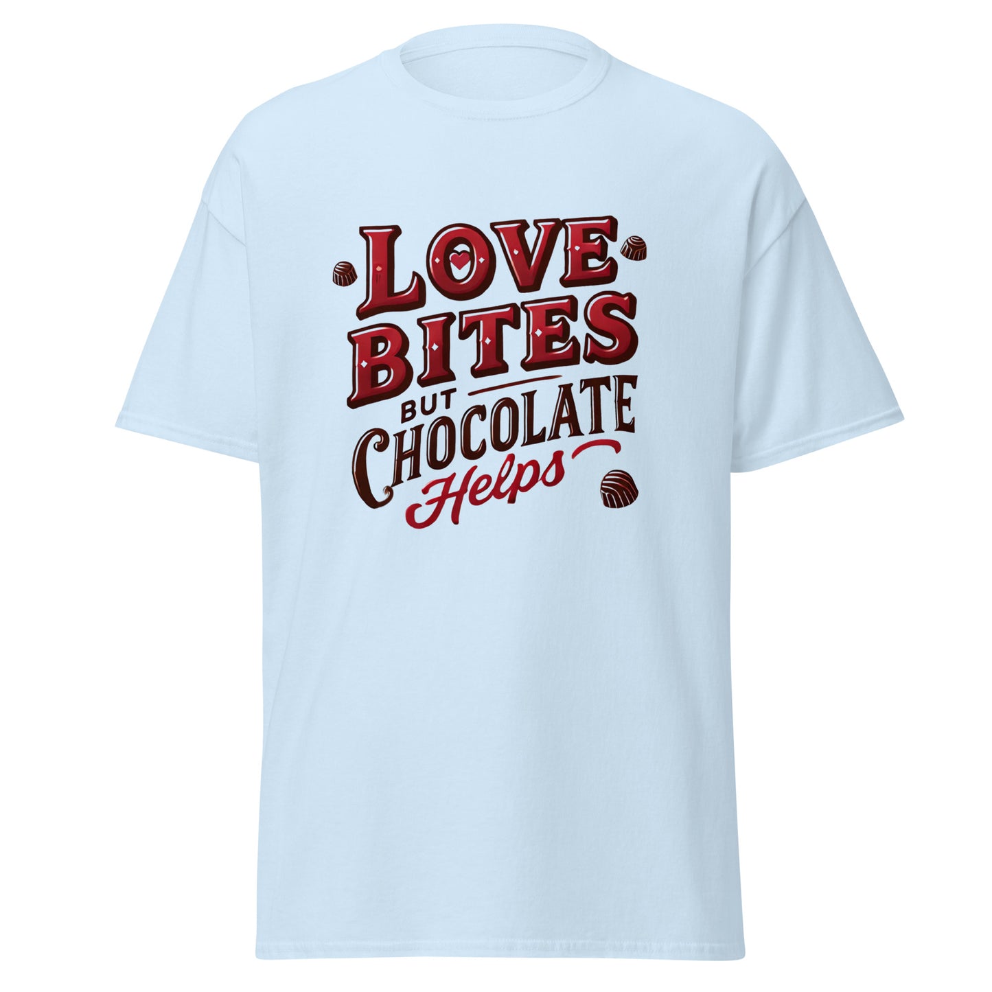 Love Bites But Chocolate Helps - Valentine’s Day T-Shirt – Lightweight and Festive - Occasion Nation Studio