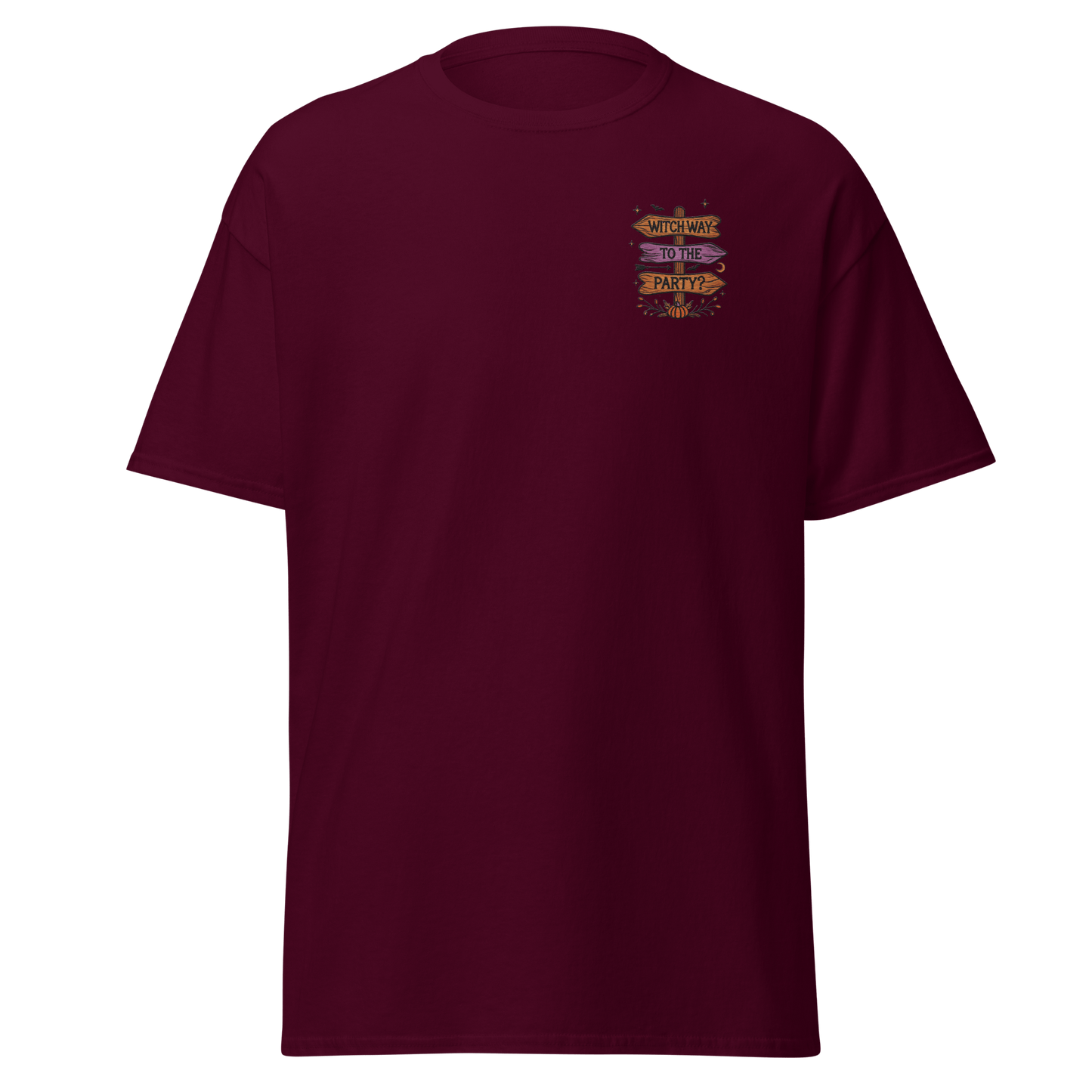 Unisex Halloween Embroidered T-Shirt – "Witch Way To The Party?" - Occasion Nation Studio