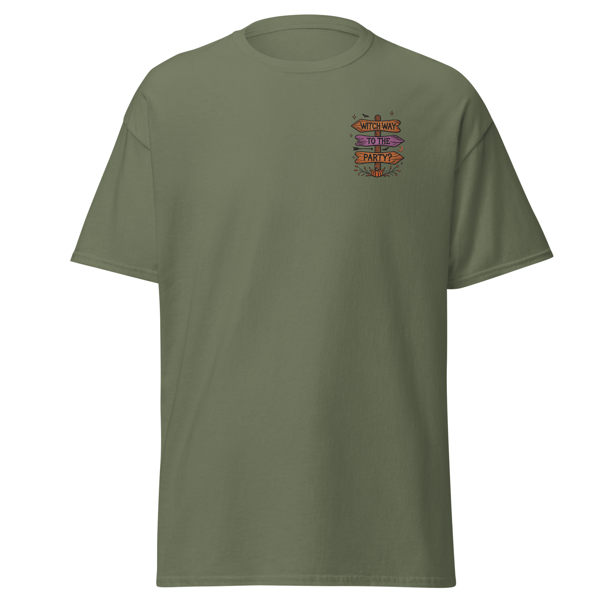 Unisex Halloween Embroidered T-Shirt – "Witch Way To The Party?" - Occasion Nation Studio