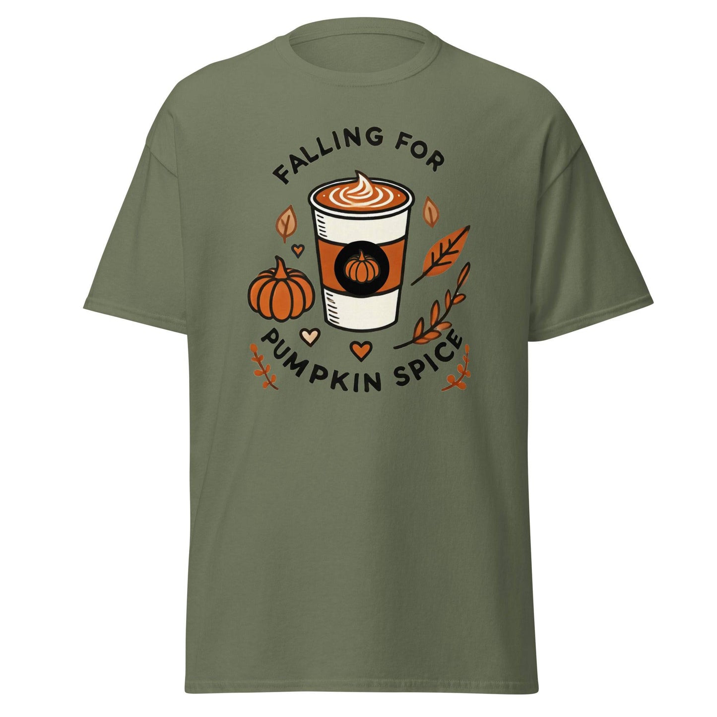 Unisex Fall Printed T-Shirt – "Falling For Pumpkin Spice" – Cozy Fall Graphic Tee for Pumpkin Spice Lovers" - Occasion Nation Studio