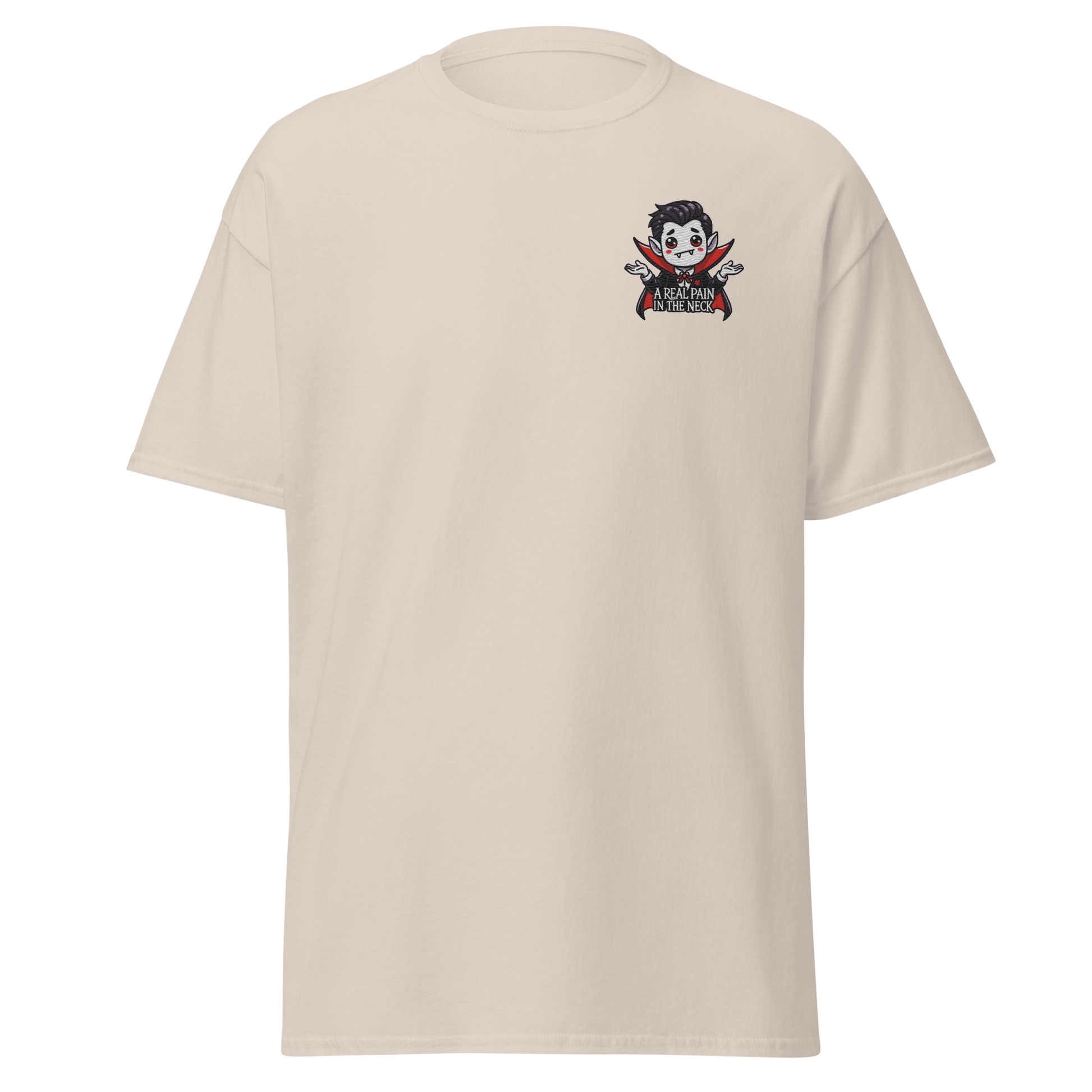 Unisex Halloween Embroidered T-Shirt – "A Real Pain In The Neck" – Vampire Halloween T-Shirt - Occasion Nation Studio