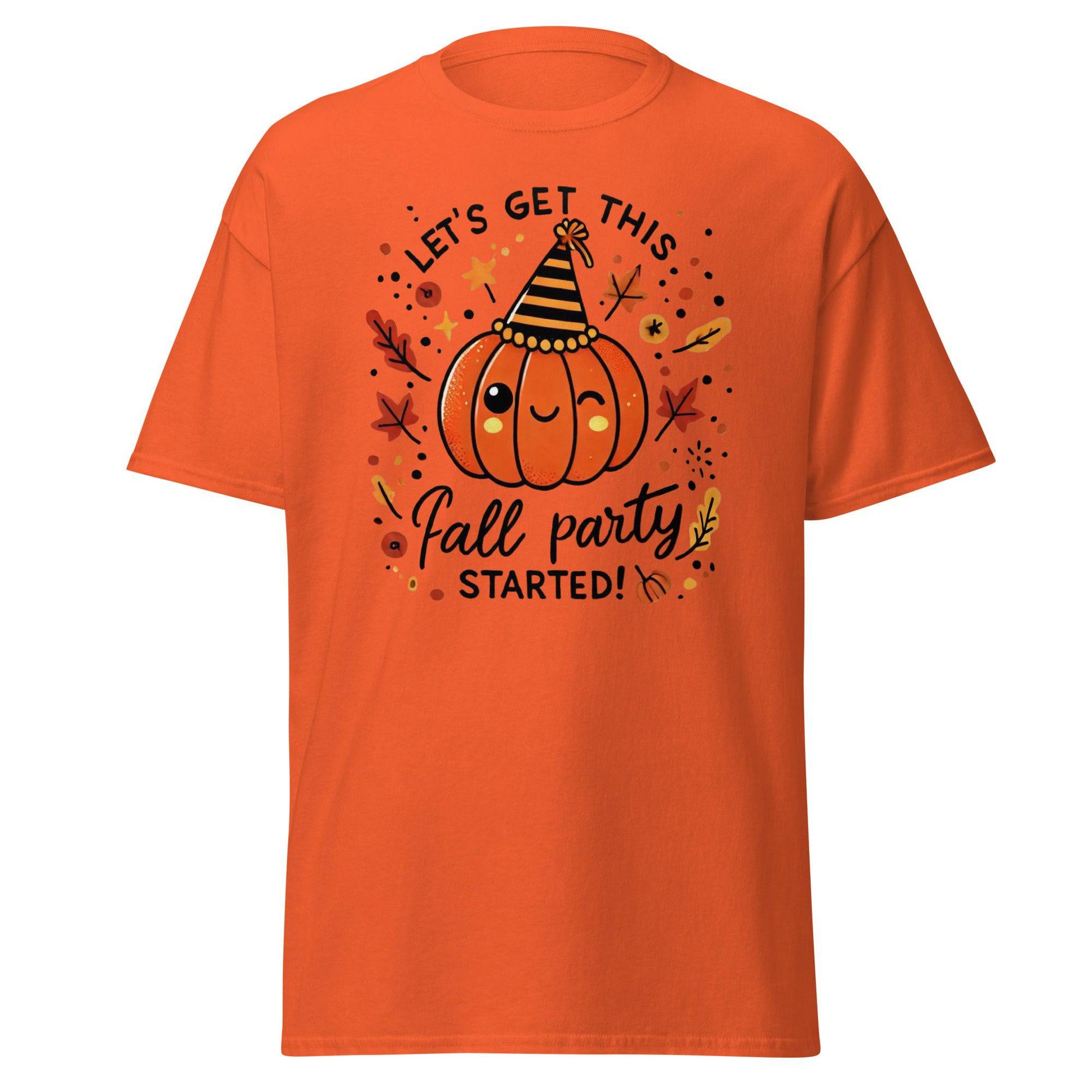 Unisex Fall Printed T-shirt – "Let’s Get This Fall Party Started" – Fun Fall Graphic Tee for Autumn Lovers - Occasion Nation Studio