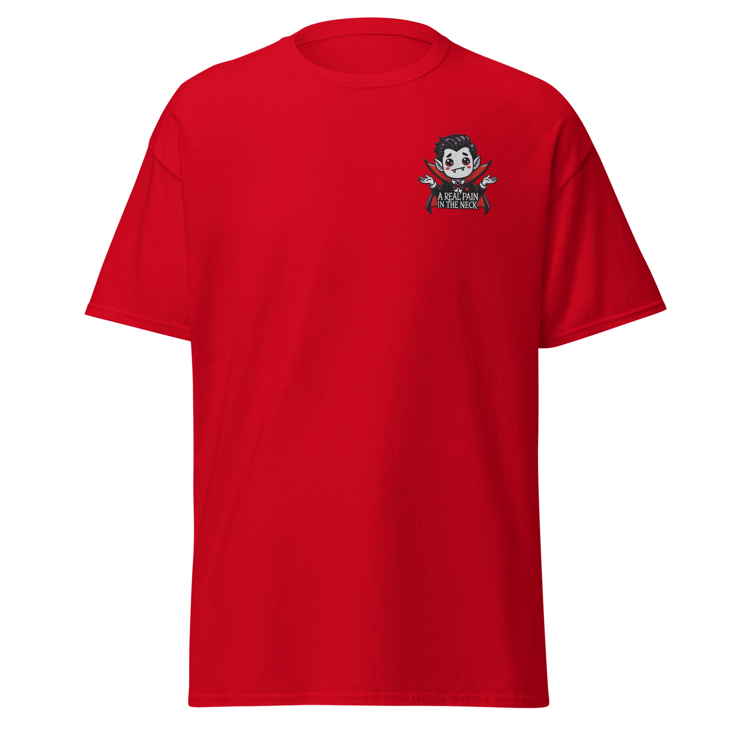 Unisex Halloween Embroidered T-Shirt – "A Real Pain In The Neck" – Vampire Halloween T-Shirt - Occasion Nation Studio