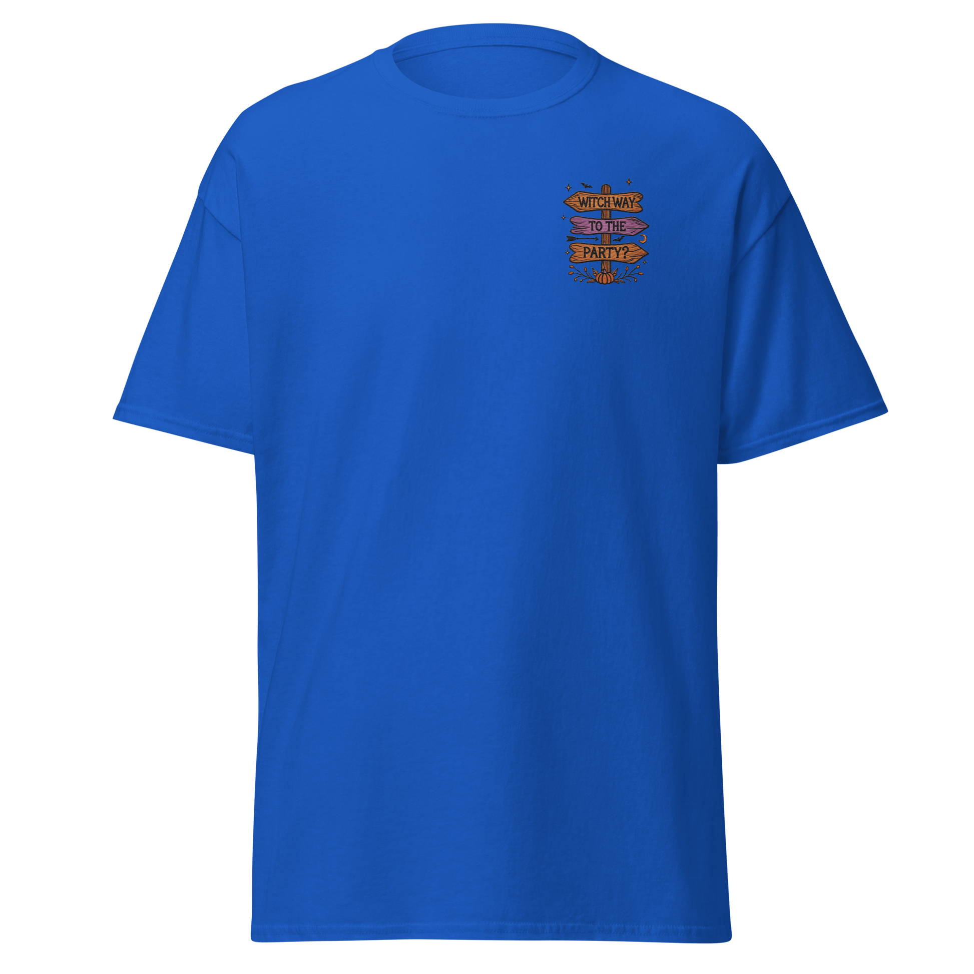 Unisex Halloween Embroidered T-Shirt – "Witch Way To The Party?" - Occasion Nation Studio