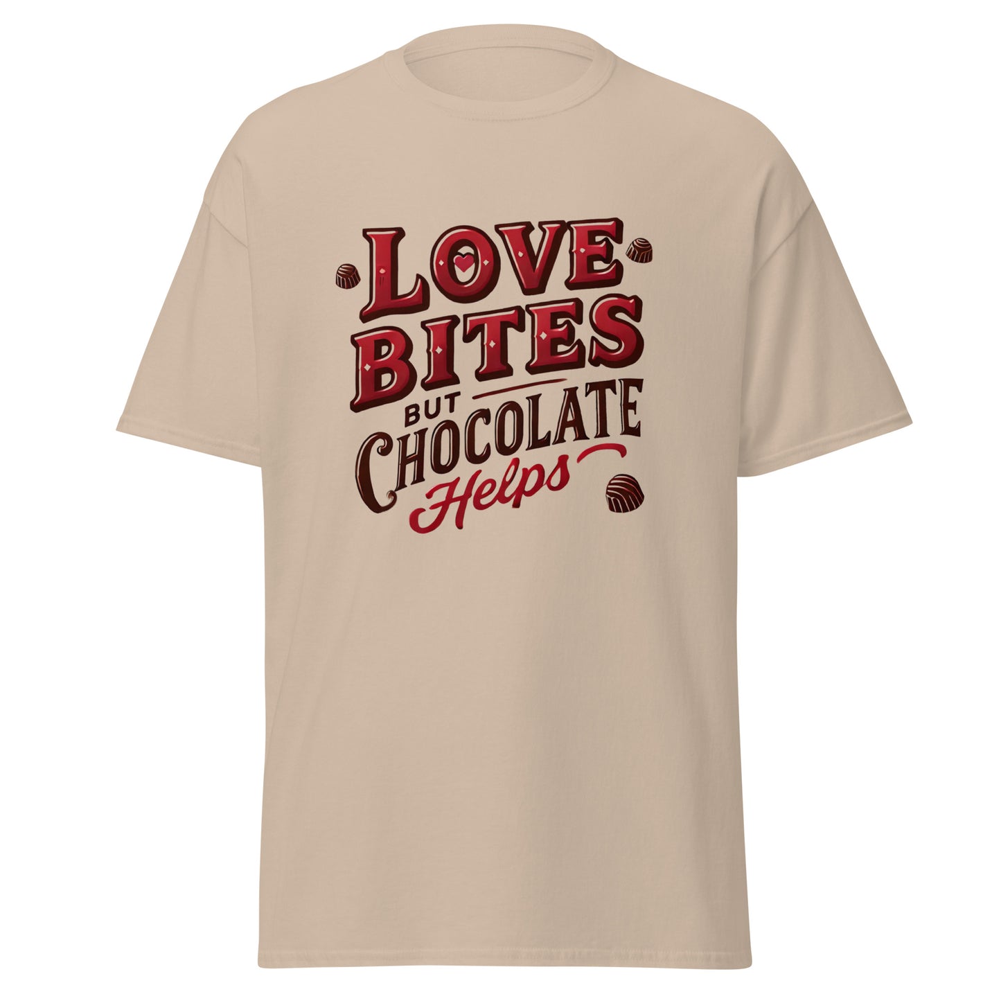 Love Bites But Chocolate Helps - Valentine’s Day T-Shirt – Lightweight and Festive - Occasion Nation Studio