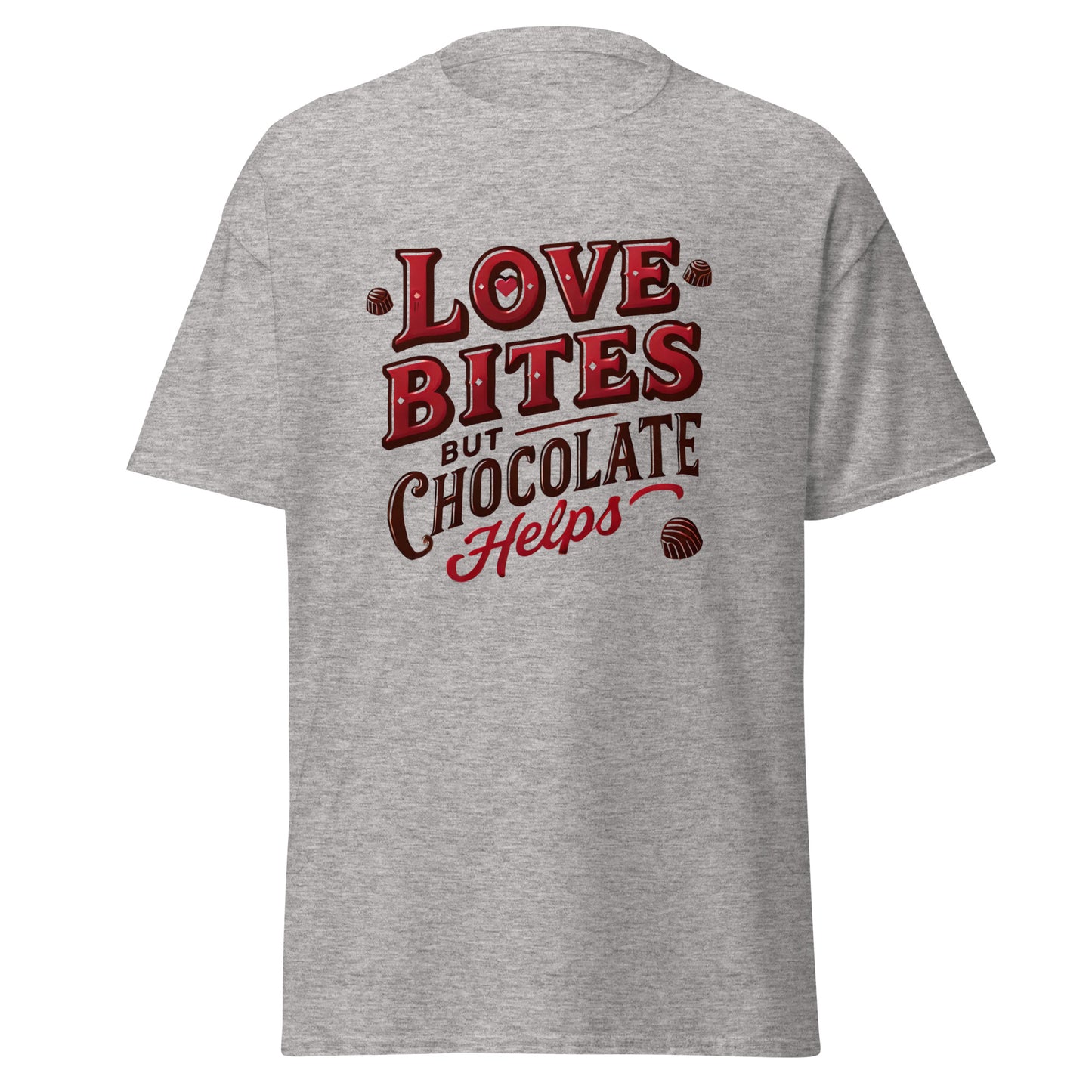 Love Bites But Chocolate Helps - Valentine’s Day T-Shirt – Lightweight and Festive - Occasion Nation Studio