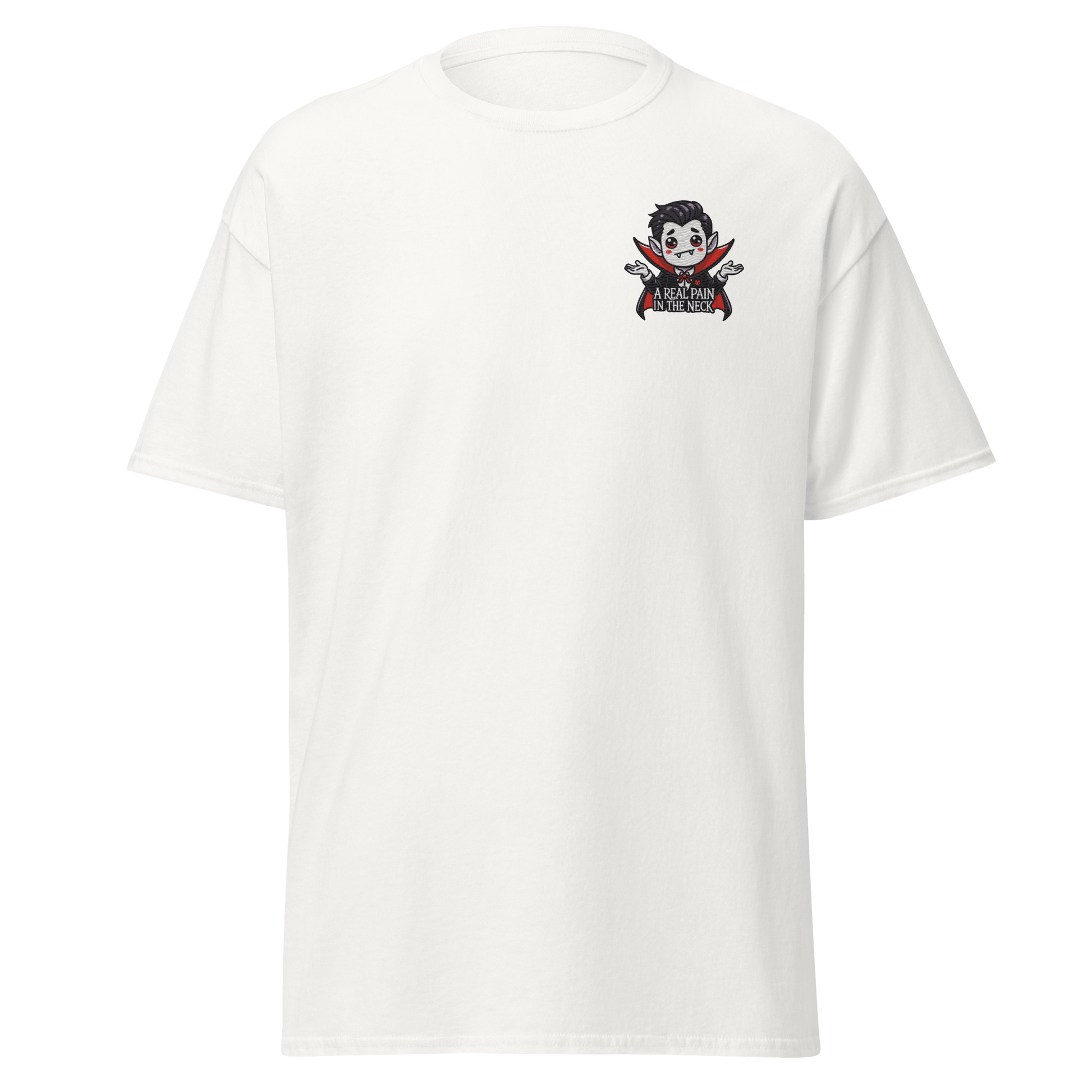 Unisex Halloween Embroidered T-Shirt – "A Real Pain In The Neck" – Vampire Halloween T-Shirt - Occasion Nation Studio