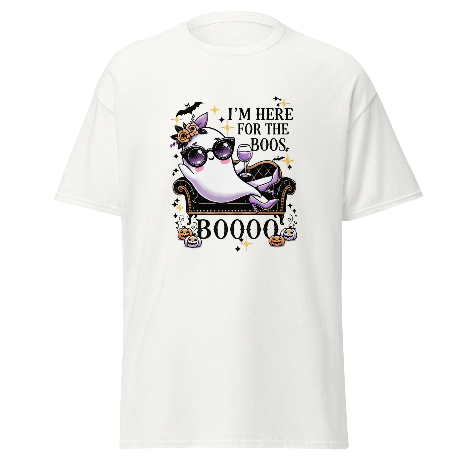 Unisex Halloween Printed T-Shirt – "I'm Here For The Boos" – Fun Ghost Halloween T-Shirt - Occasion Nation Studio