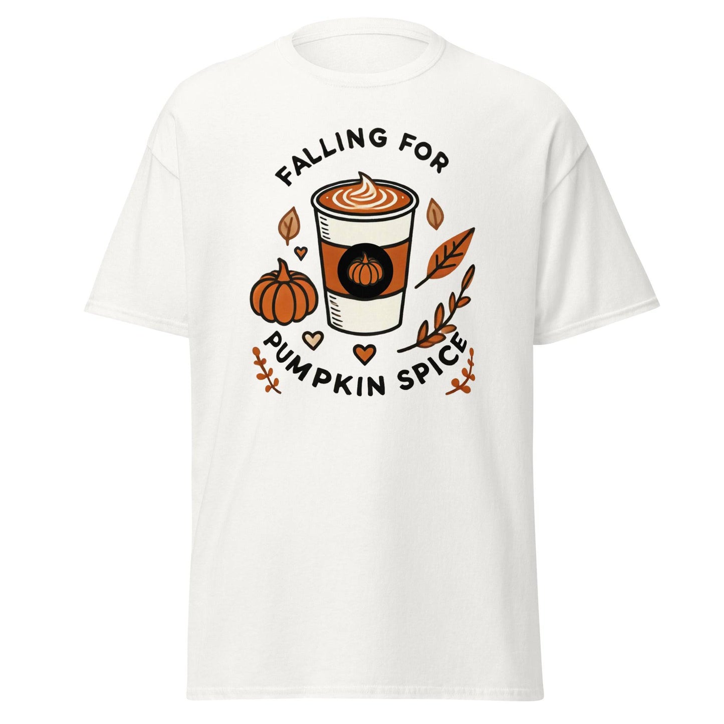 Unisex Fall Printed T-Shirt – "Falling For Pumpkin Spice" – Cozy Fall Graphic Tee for Pumpkin Spice Lovers" - Occasion Nation Studio