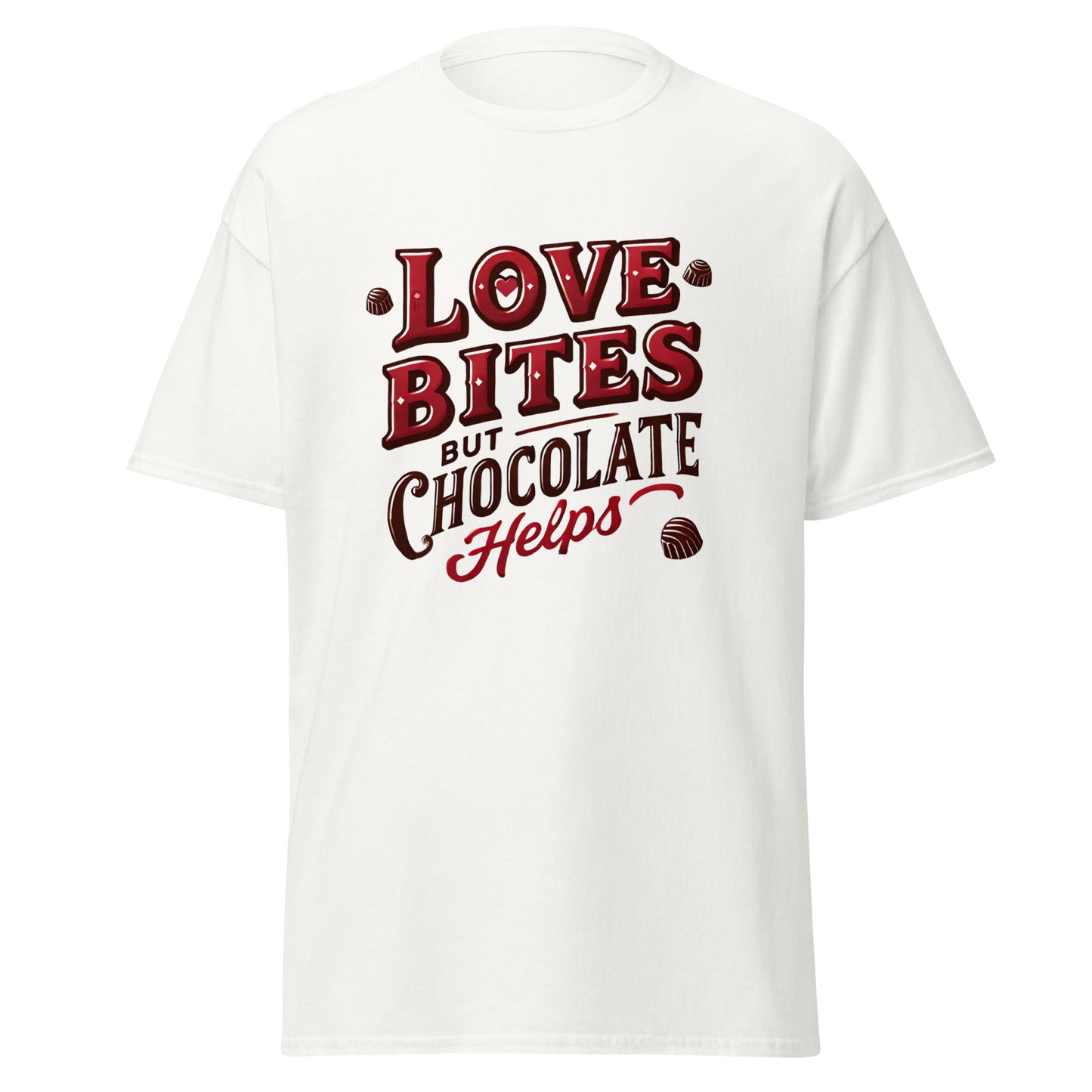 Love Bites But Chocolate Helps - Valentine’s Day T-Shirt – Lightweight and Festive - Occasion Nation Studio