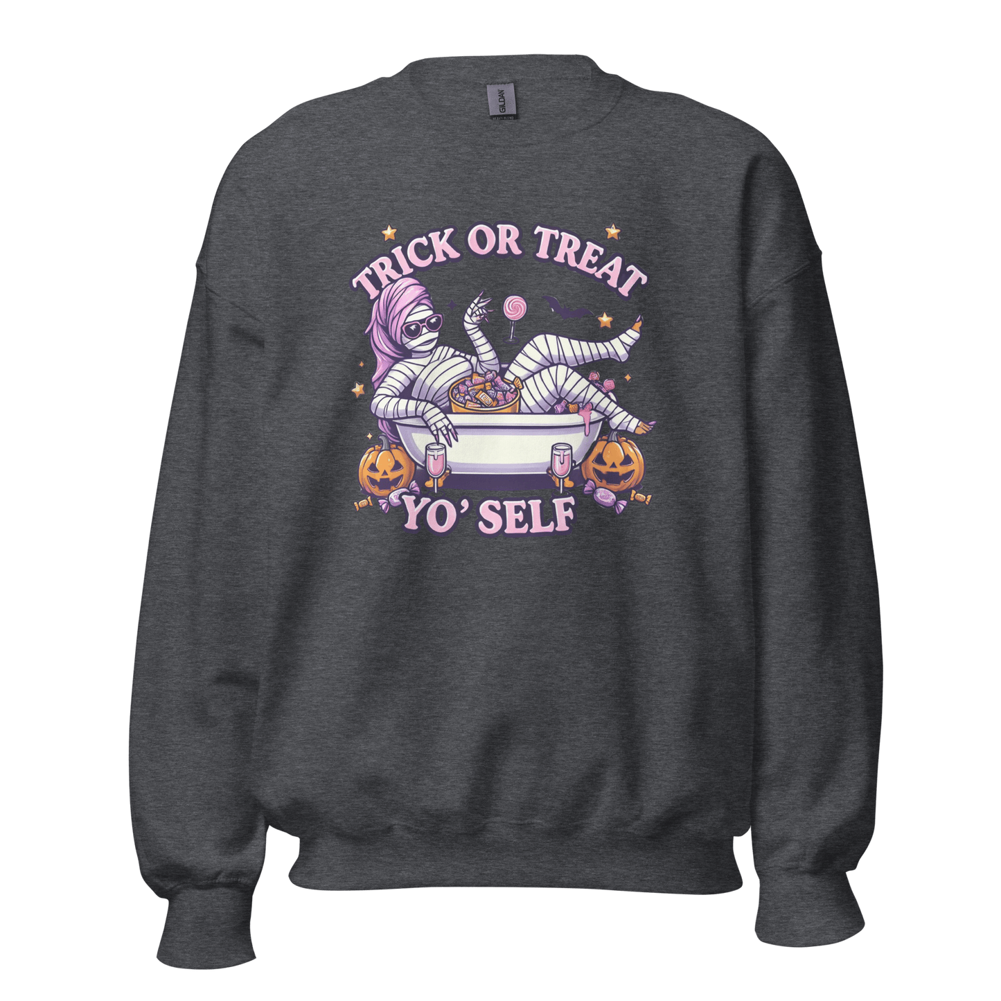 Unisex Halloween Printed Sweatshirt – "Trick or Treat Yo'Self" – Fun Halloween Sweatshirt - Occasion Nation Studio