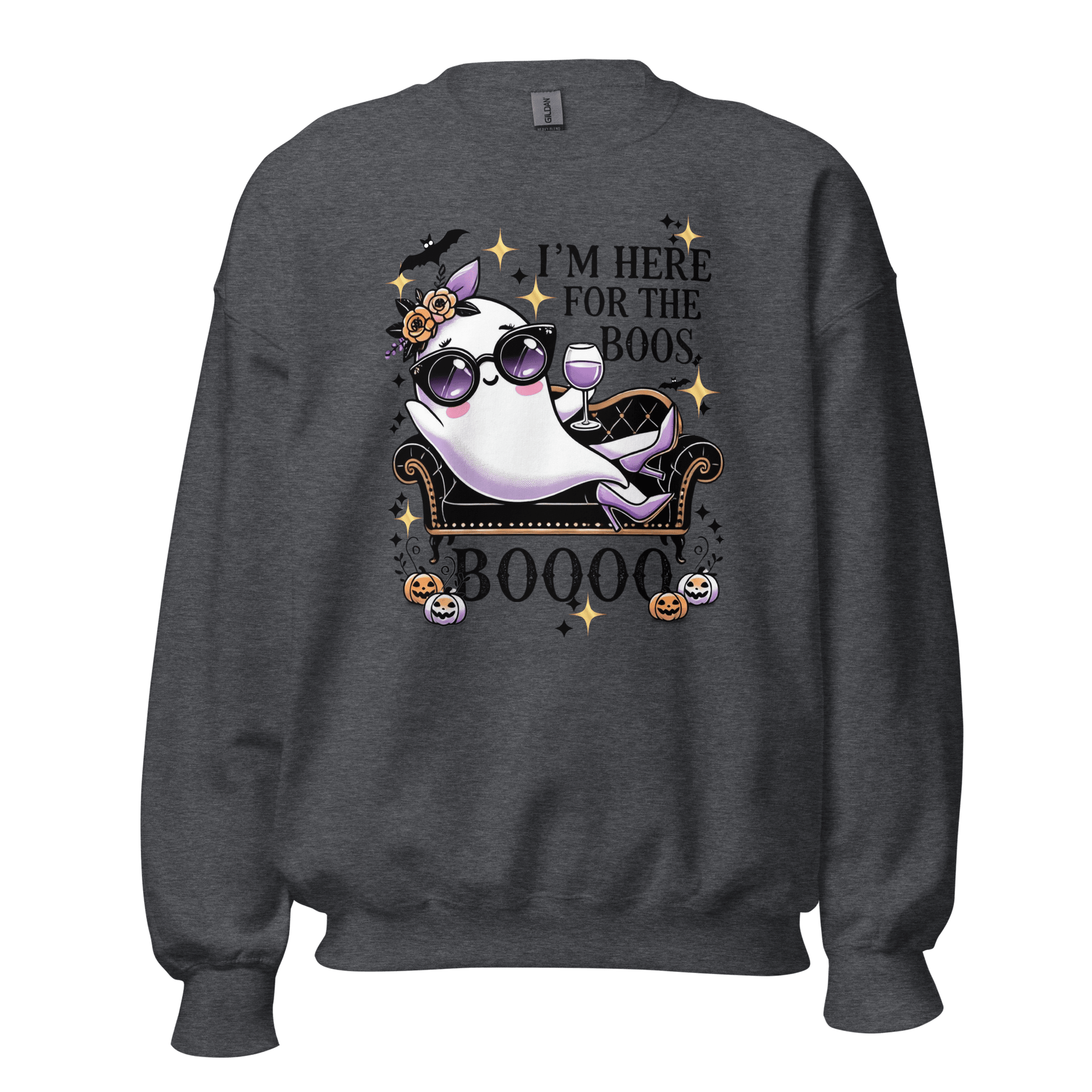 Unisex Halloween Printed Sweatshirt – "I'm Here For The Boos" – Fun Ghost Halloween Sweatshirt - Occasion Nation Studio