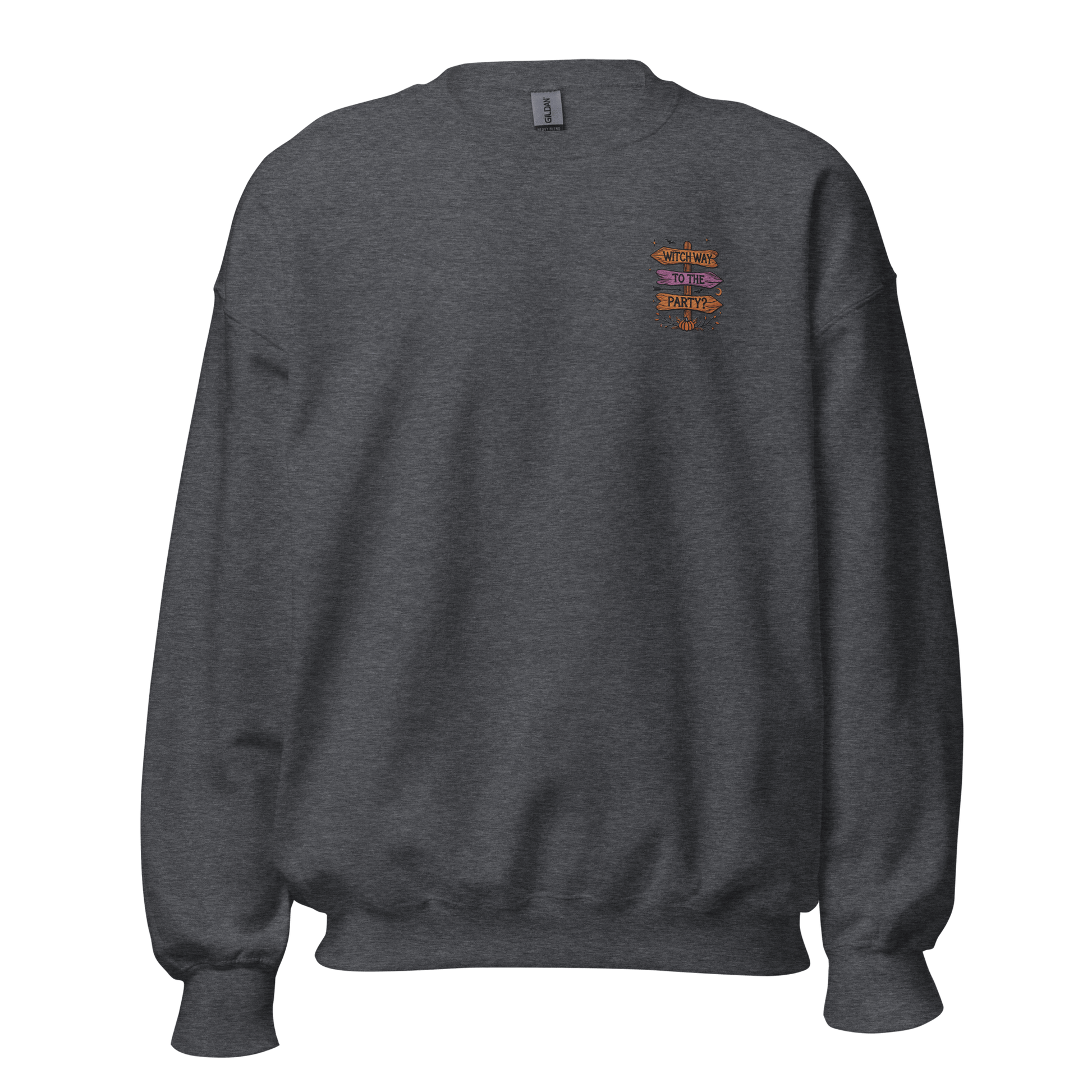 Unisex Halloween Embroidered Sweatshirt – "Witch Way To The Party?" – Witch Broom Halloween Sweatshirt - Occasion Nation Studio