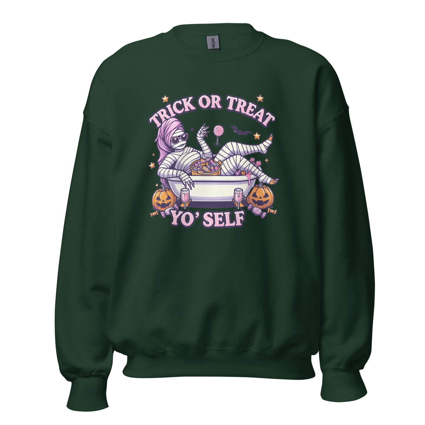 Unisex Halloween Printed Sweatshirt – "Trick or Treat Yo'Self" – Fun Halloween Sweatshirt - Occasion Nation Studio