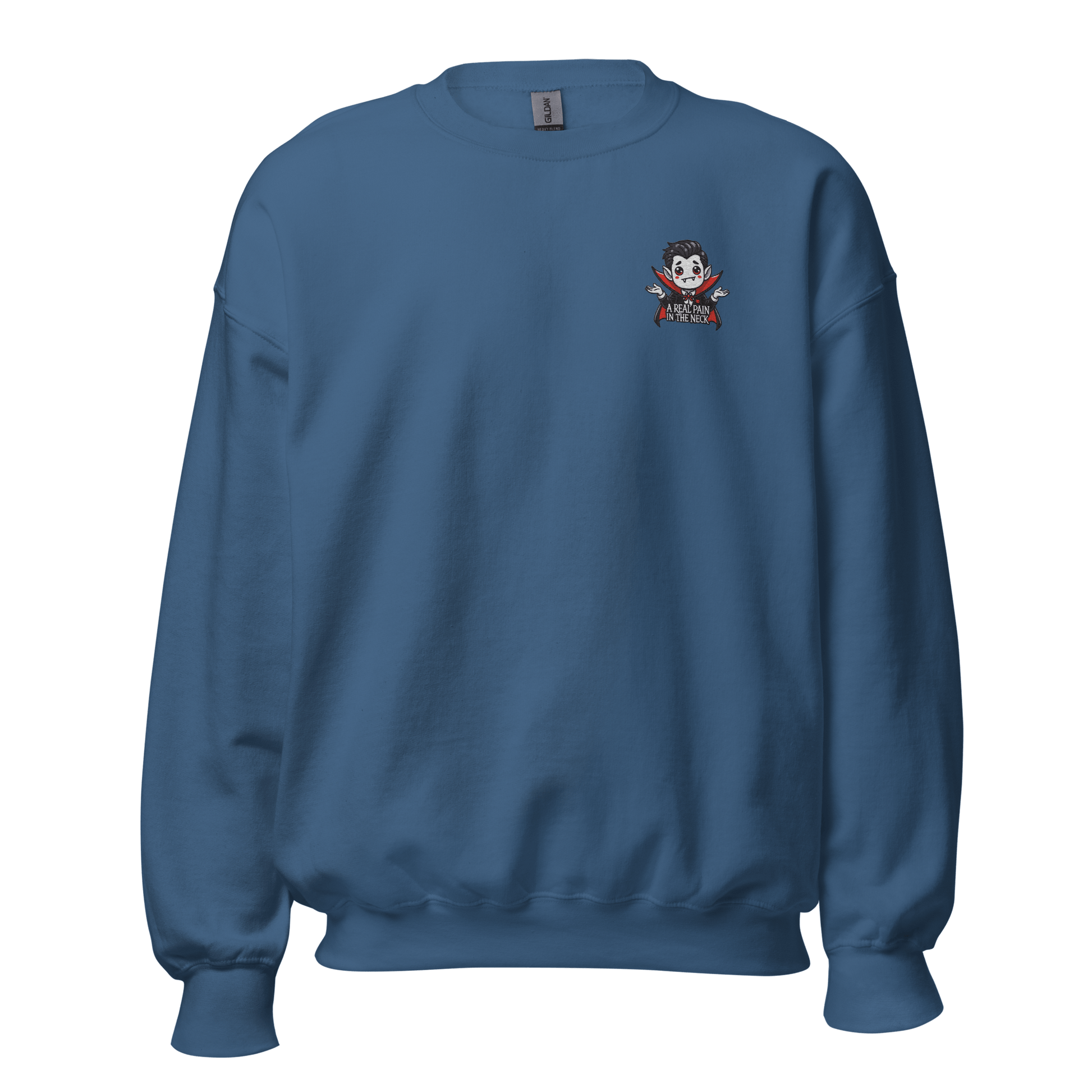 Unisex Halloween Embroidered Sweatshirt – "A Real Pain In The Neck" – Vampire Halloween Sweatshirt - Occasion Nation Studio