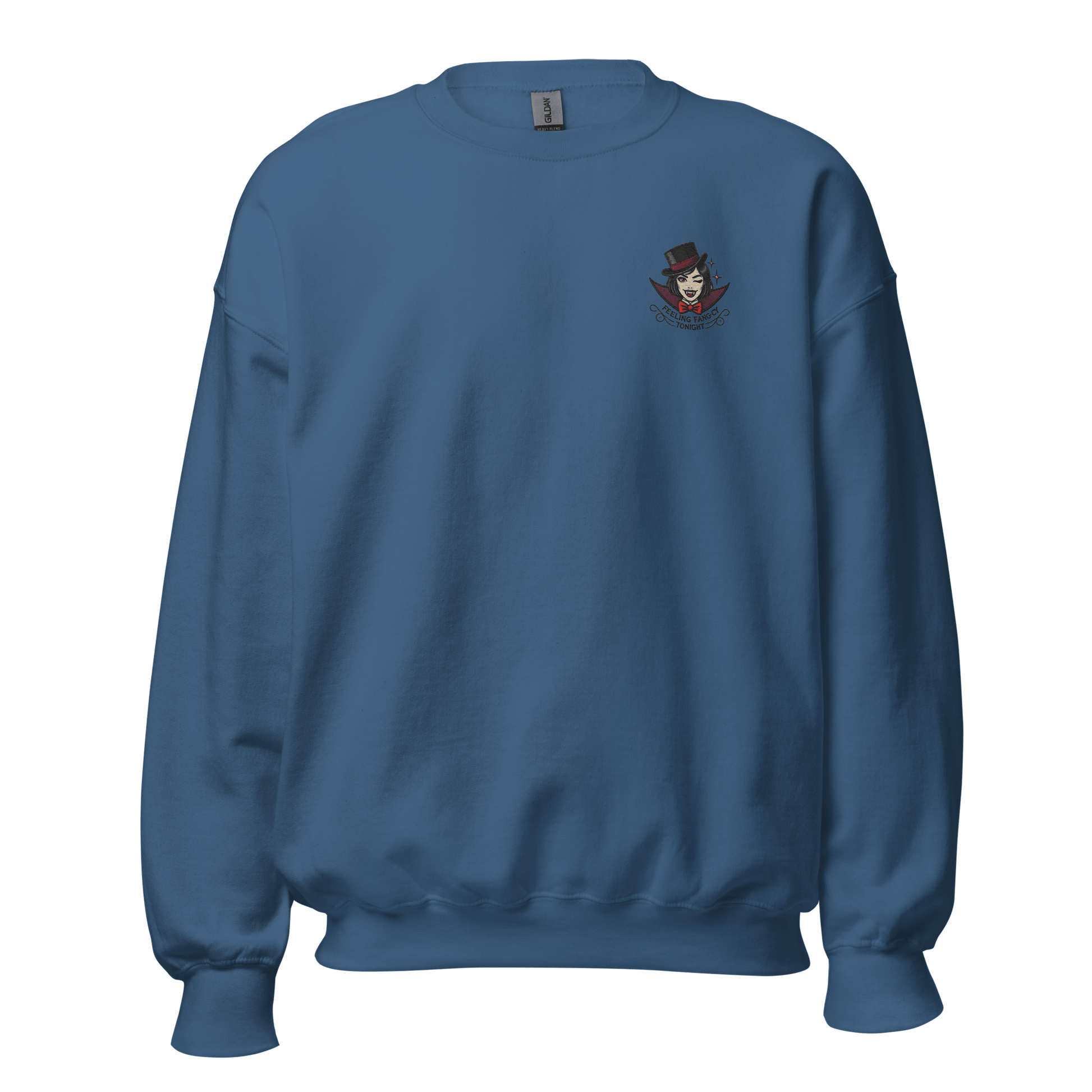 Unisex Halloween Embroidered Sweatshirt – "Feeling Fang-cy Tonight!" – Vampire Fangs Halloween Sweatshirt - Occasion Nation Studio