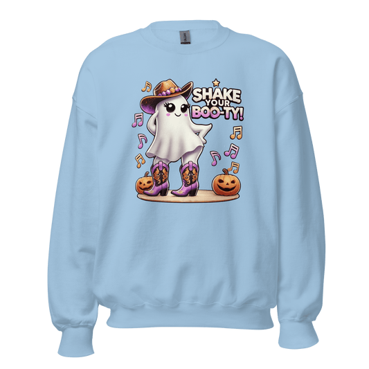 Unisex Halloween Printed Sweatshirt – "Shake Your Boo-Ty!" – Fun Ghost Halloween Sweatshirt - Occasion Nation Studio