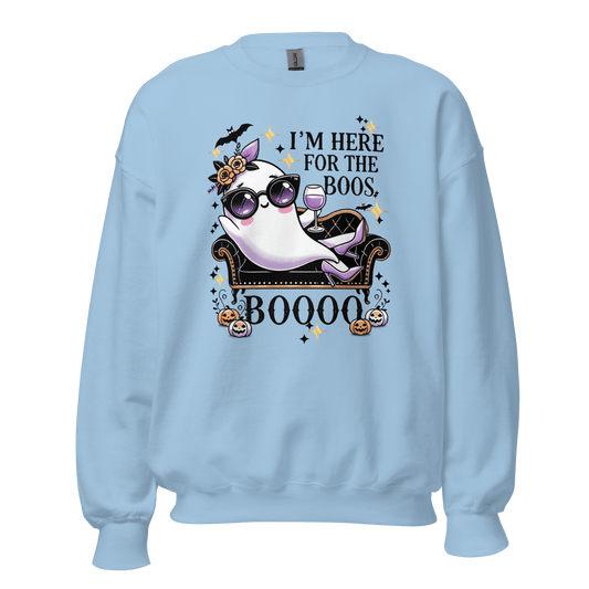 Unisex Halloween Printed Sweatshirt – "I'm Here For The Boos" – Fun Ghost Halloween Sweatshirt - Occasion Nation Studio