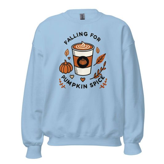 Unisex Fall Printed Sweatshirt – "Falling For Pumpkin Spice" – Cozy Fall Sweatshirt for Pumpkin Spice Lovers" - Occasion Nation Studio