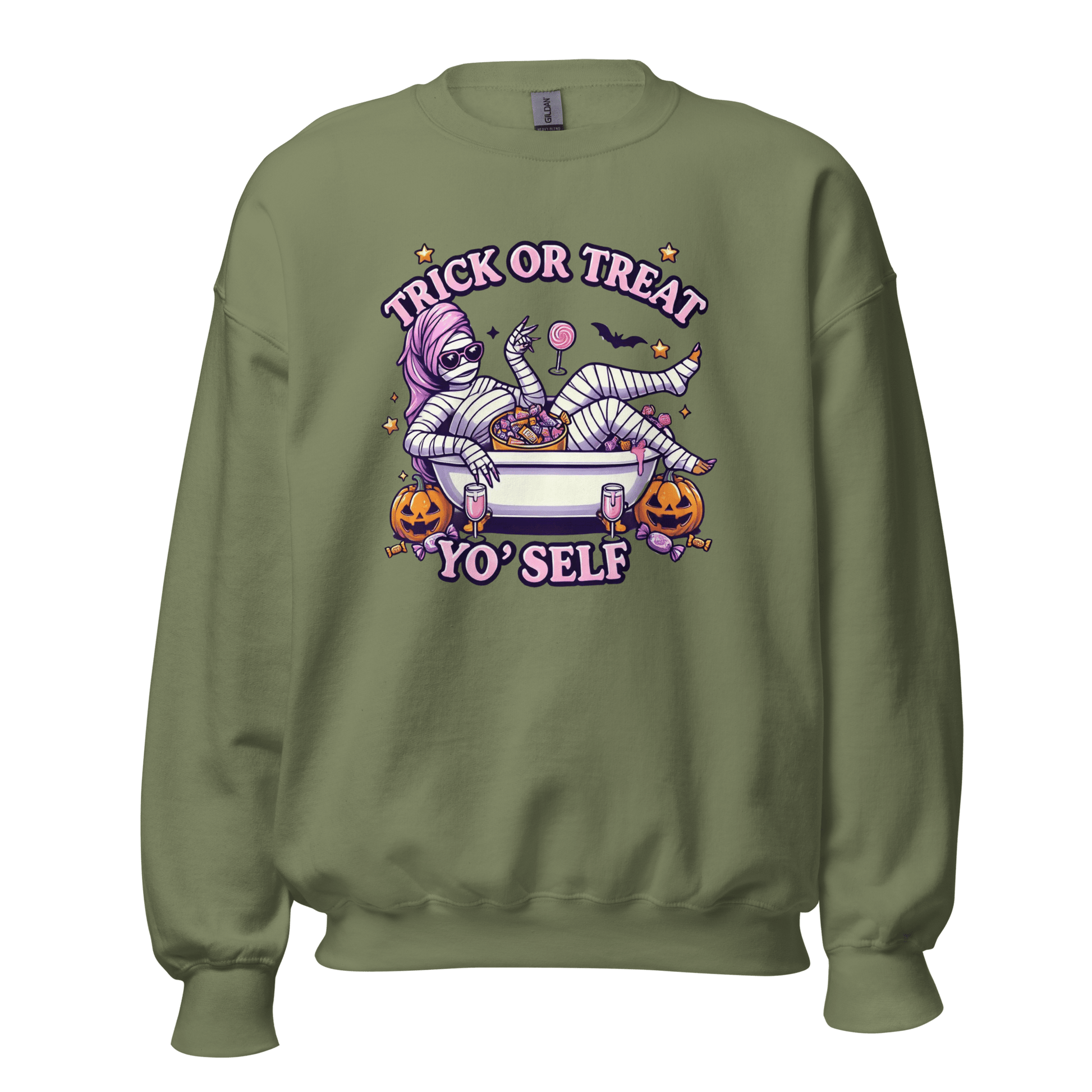 Unisex Halloween Printed Sweatshirt – "Trick or Treat Yo'Self" – Fun Halloween Sweatshirt - Occasion Nation Studio