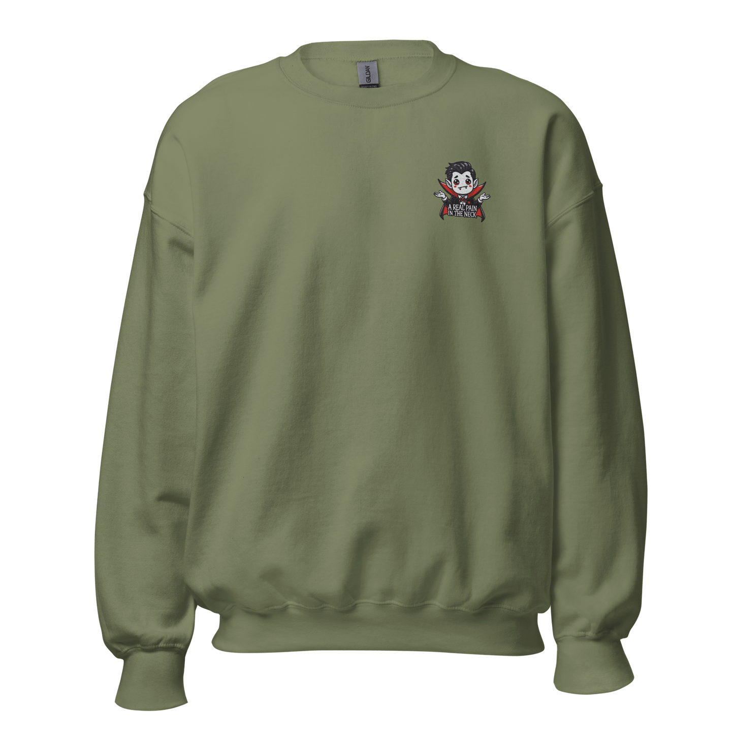 Unisex Halloween Embroidered Sweatshirt – "A Real Pain In The Neck" – Vampire Halloween Sweatshirt - Occasion Nation Studio