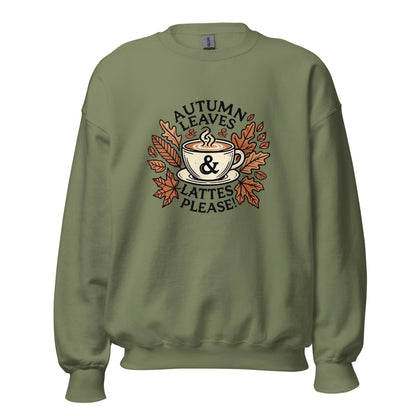 Unisex Fall Printed Sweatshirt – "Autumn Leaves, Lattes Please!" – Cozy Fall Sweatshirt for Autumn Lovers - Occasion Nation Studio