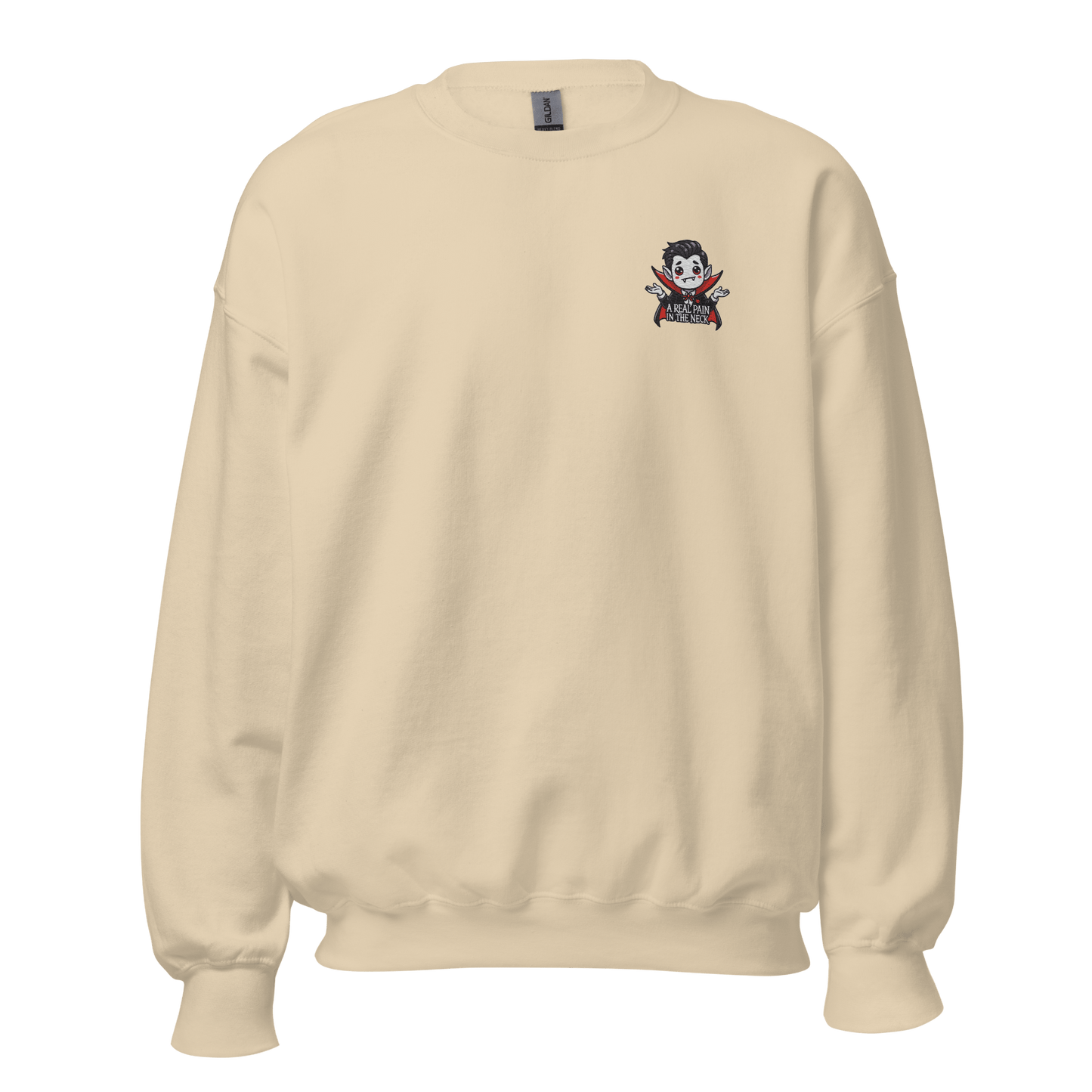 Unisex Halloween Embroidered Sweatshirt – "A Real Pain In The Neck" – Vampire Halloween Sweatshirt - Occasion Nation Studio