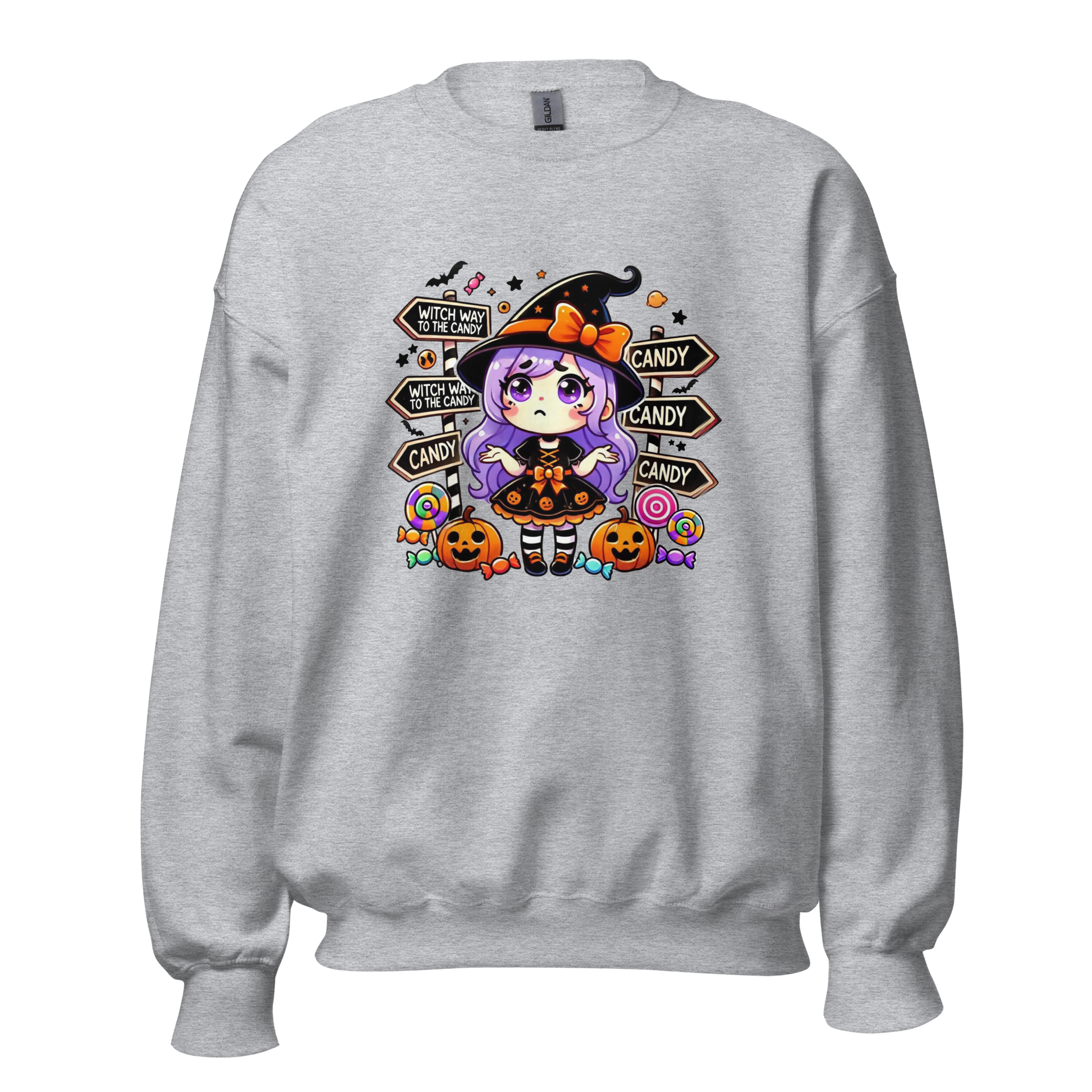 Unisex Halloween Printed Sweatshirt – "Witch Way To The Candy?" – Fun Witch Halloween Sweatshirt - Occasion Nation Studio