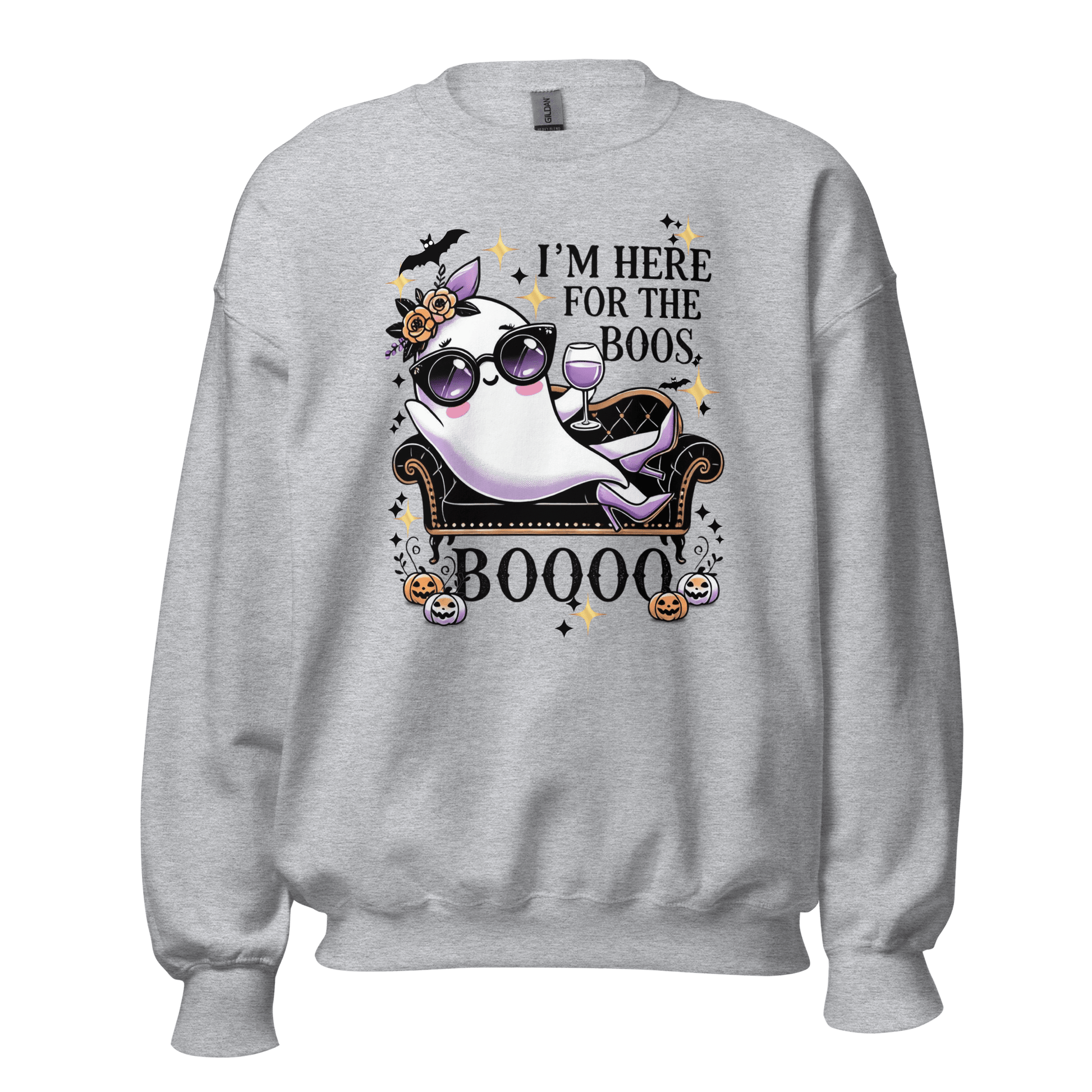 Unisex Halloween Printed Sweatshirt – "I'm Here For The Boos" – Fun Ghost Halloween Sweatshirt - Occasion Nation Studio