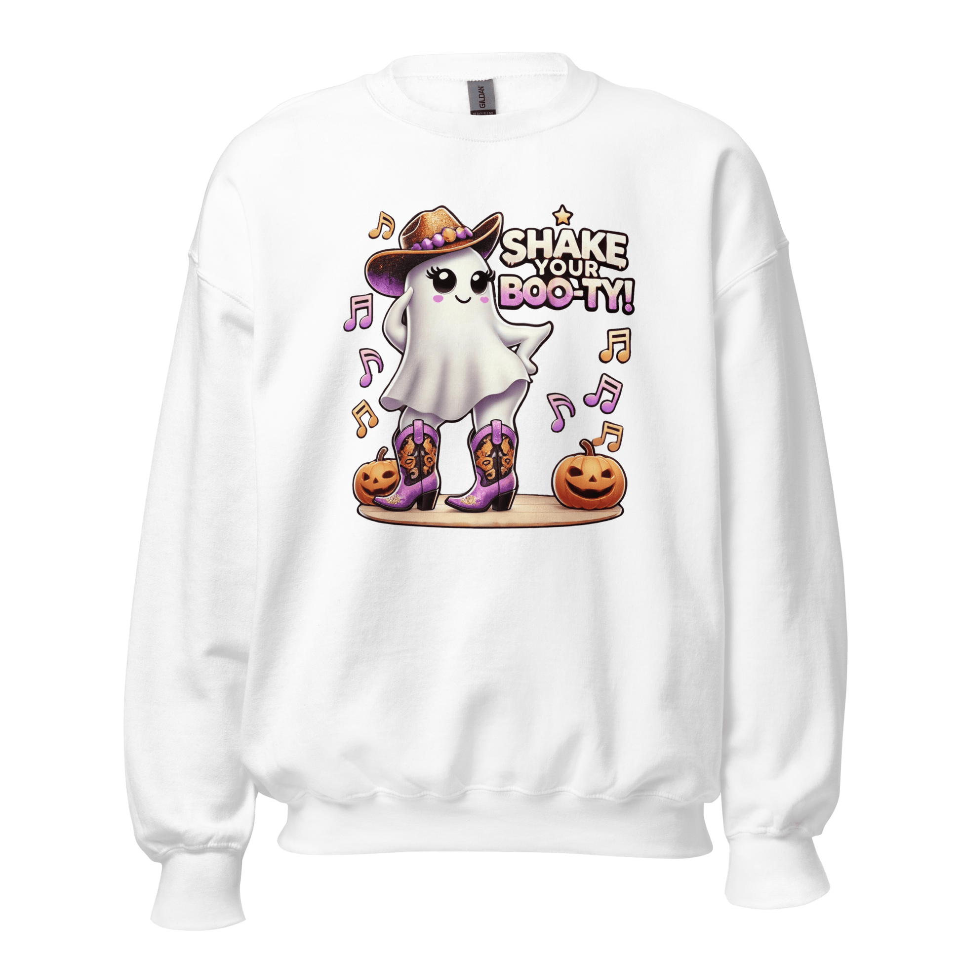 Unisex Halloween Printed Sweatshirt – "Shake Your Boo-Ty!" – Fun Ghost Halloween Sweatshirt - Occasion Nation Studio