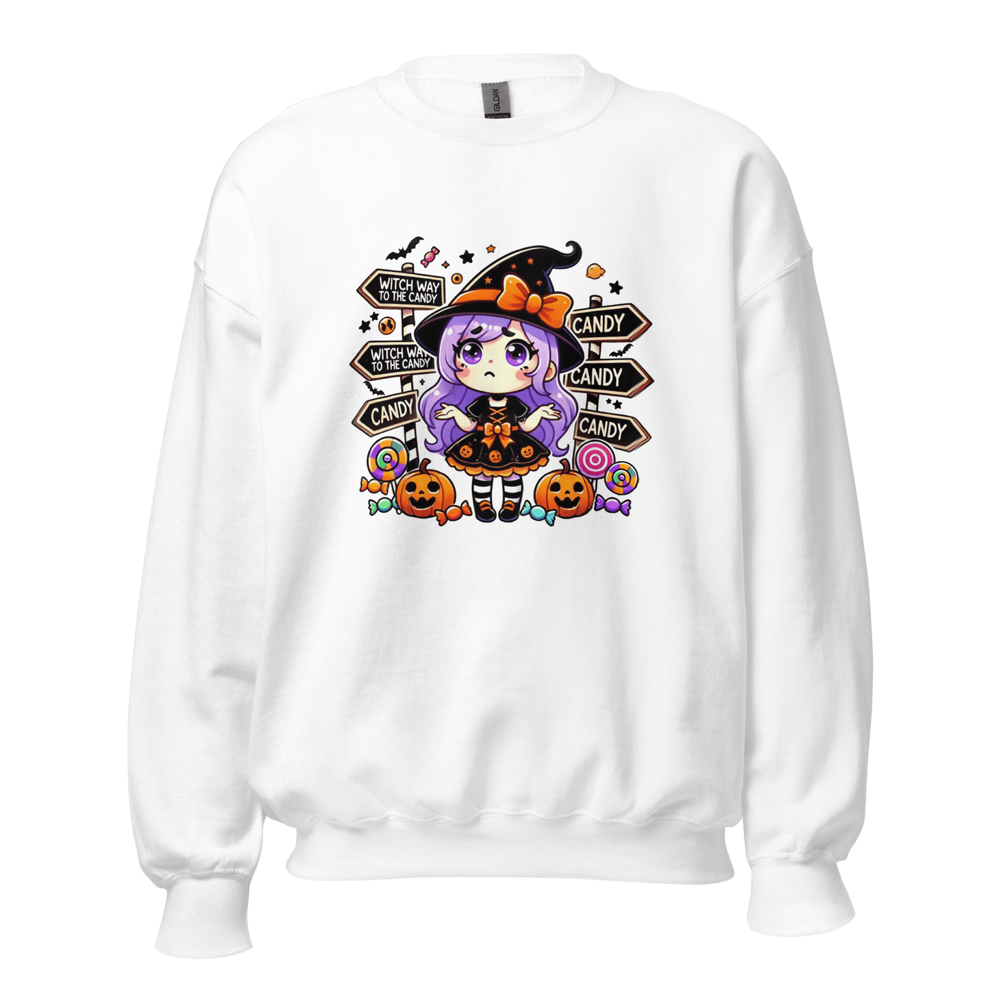 Unisex Halloween Printed Sweatshirt – "Witch Way To The Candy?" – Fun Witch Halloween Sweatshirt - Occasion Nation Studio