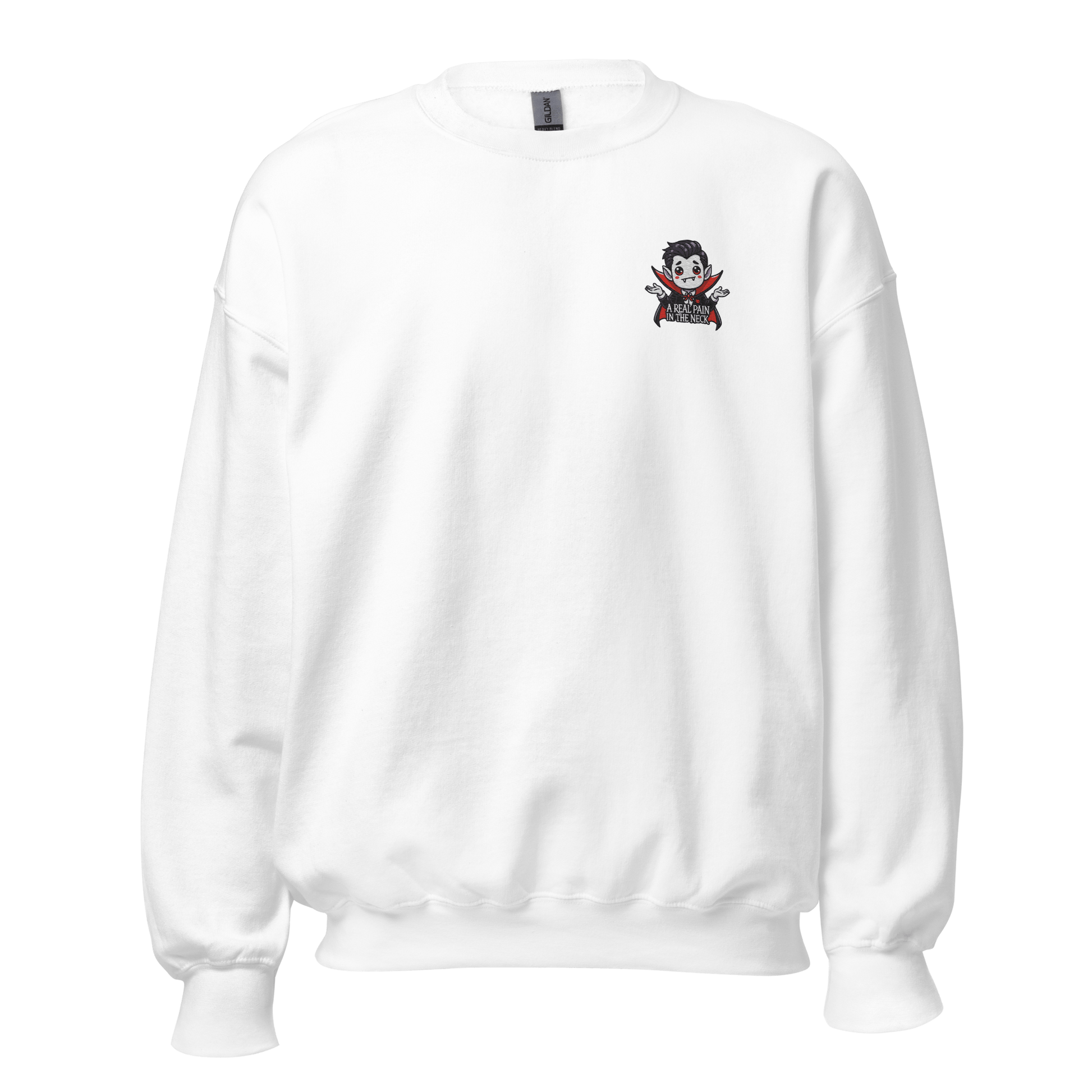 Unisex Halloween Embroidered Sweatshirt – "A Real Pain In The Neck" – Vampire Halloween Sweatshirt - Occasion Nation Studio