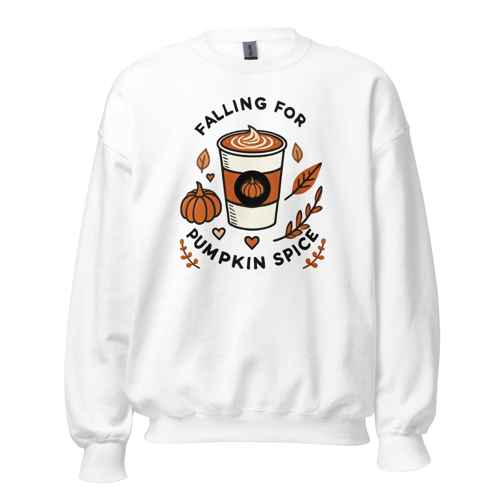 Unisex Fall Printed Sweatshirt – "Falling For Pumpkin Spice" – Cozy Fall Sweatshirt for Pumpkin Spice Lovers" - Occasion Nation Studio