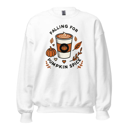 Unisex Fall Printed Sweatshirt – "Falling For Pumpkin Spice" – Cozy Fall Sweatshirt for Pumpkin Spice Lovers" - Occasion Nation Studio