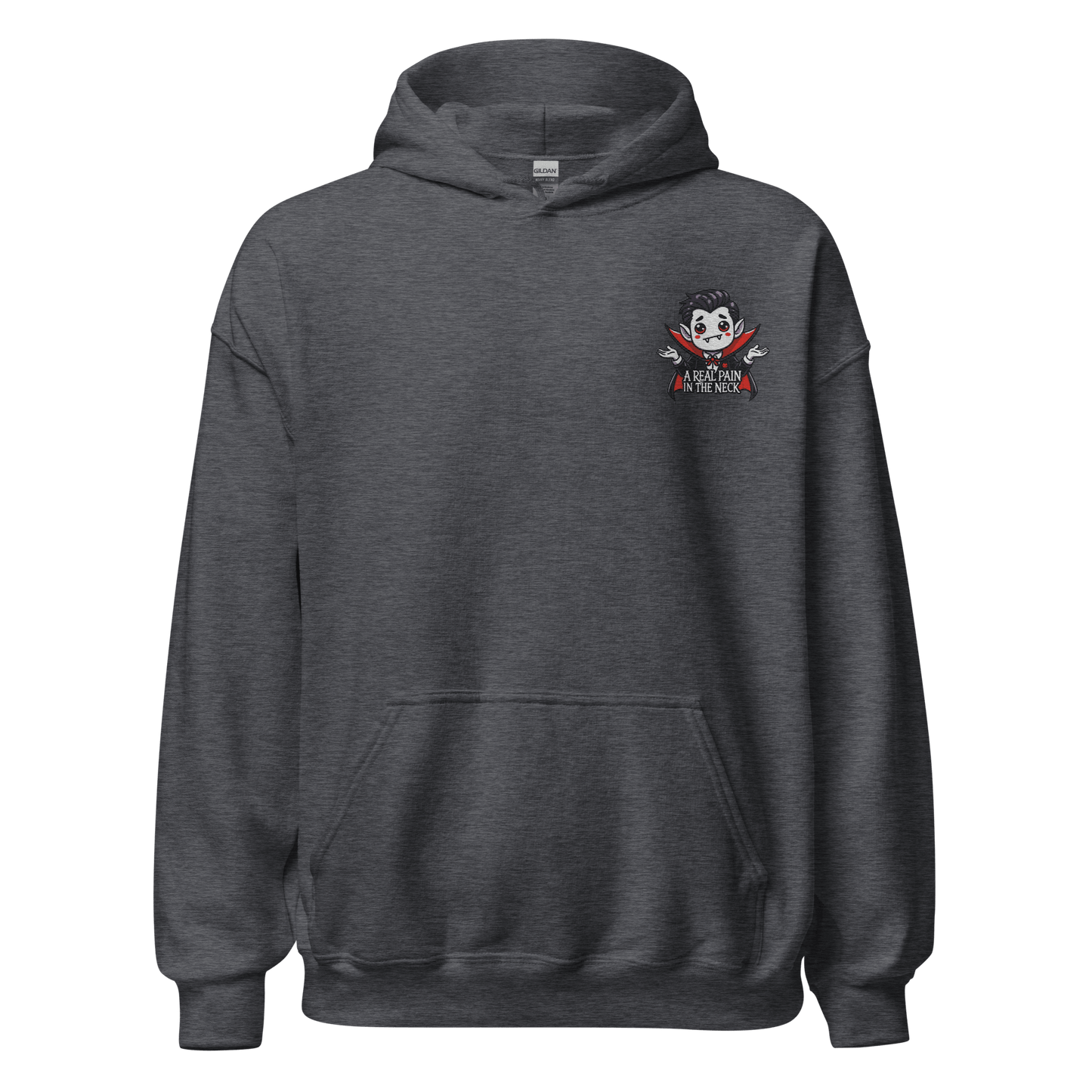 Unisex Halloween Embroidered Hoodie – "A Real Pain In The Neck" – Vampire Halloween Hoodie - Occasion Nation Studio