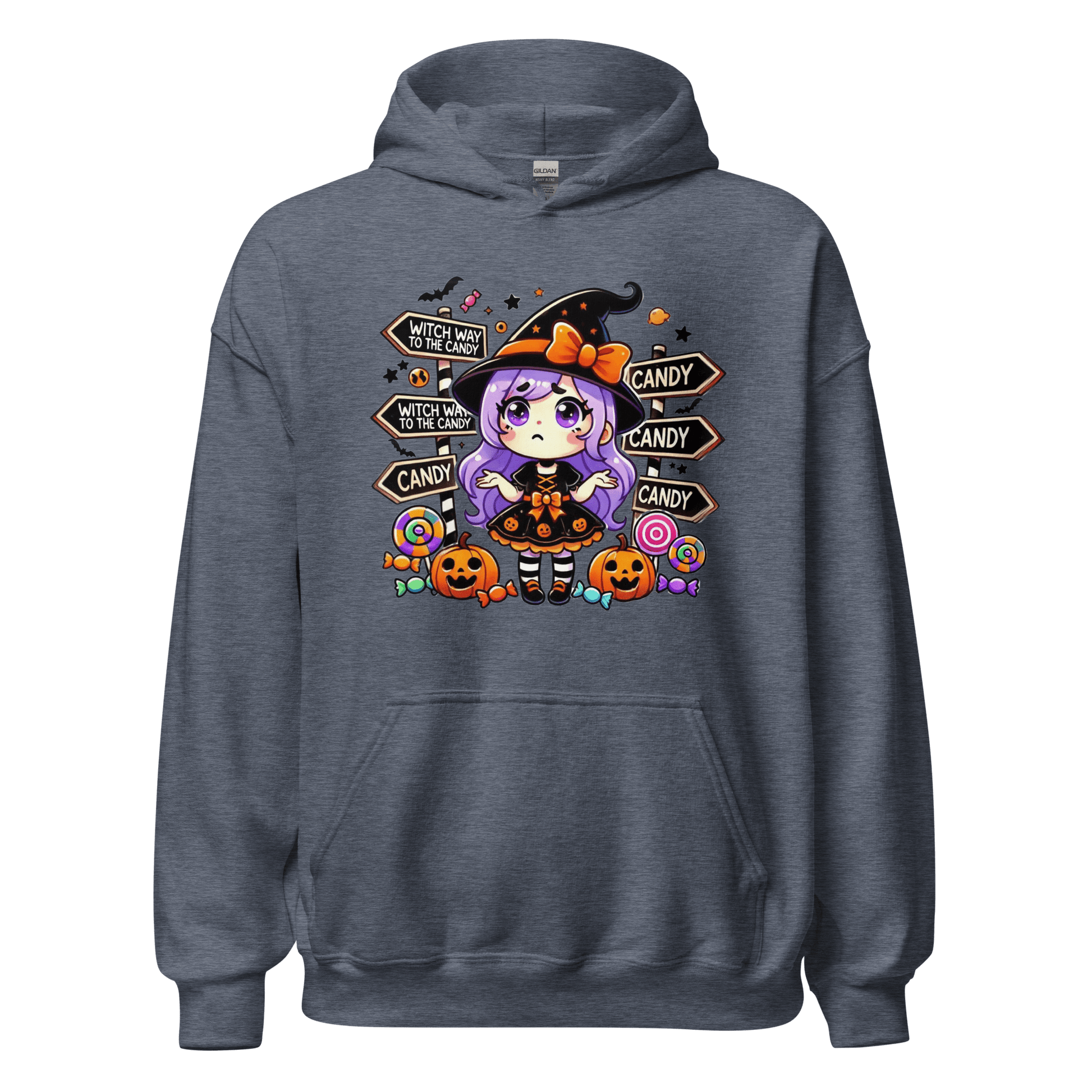 Unisex Halloween Printed Hoodie – "Witch Way To The Candy?" – Fun Witch Halloween Hoodie - Occasion Nation Studio