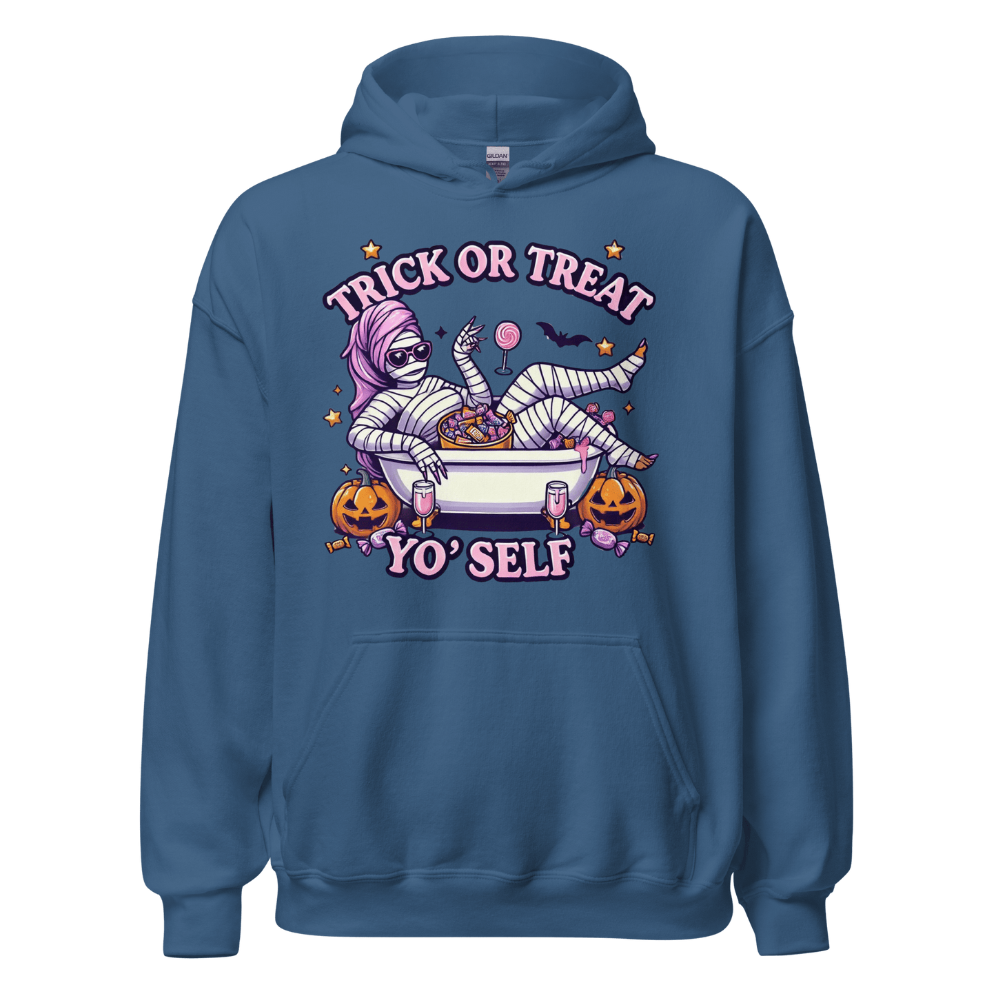 Unisex Halloween Printed Hoodie – "Trick or Treat Yo'Self" – Fun Halloween Hoodie - Occasion Nation Studio