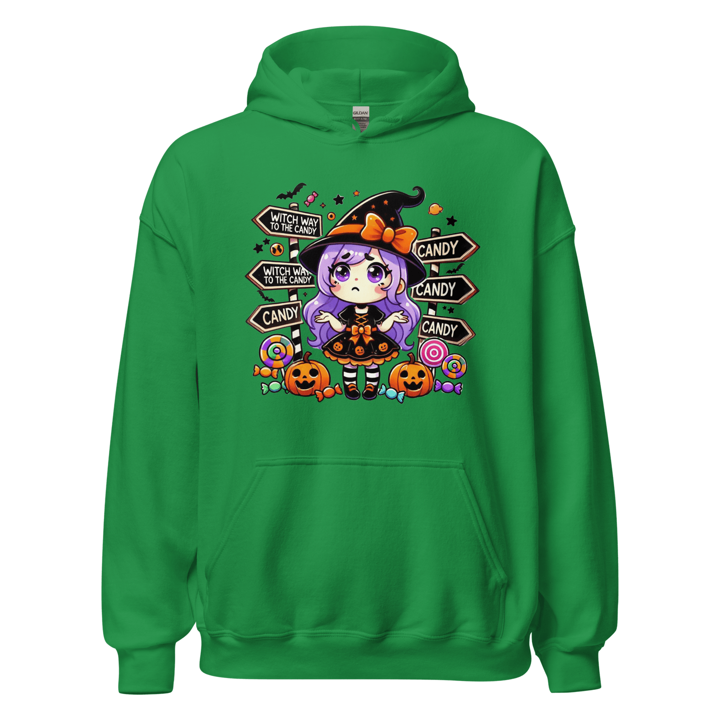 Unisex Halloween Printed Hoodie – "Witch Way To The Candy?" – Fun Witch Halloween Hoodie - Occasion Nation Studio