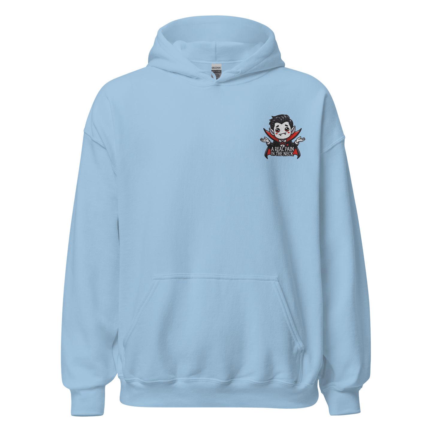 Unisex Halloween Embroidered Hoodie – "A Real Pain In The Neck" – Vampire Halloween Hoodie - Occasion Nation Studio