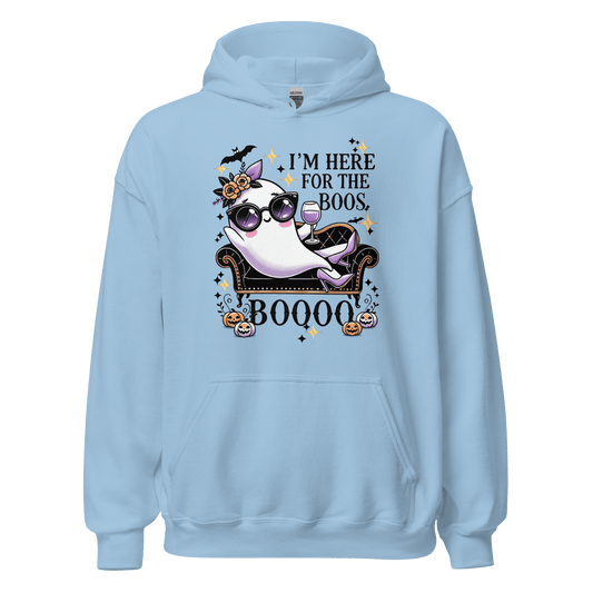 Unisex Halloween Printed Hoodie – "I'm Here For The Boos" – Fun Ghost Halloween Hoodie - Occasion Nation Studio